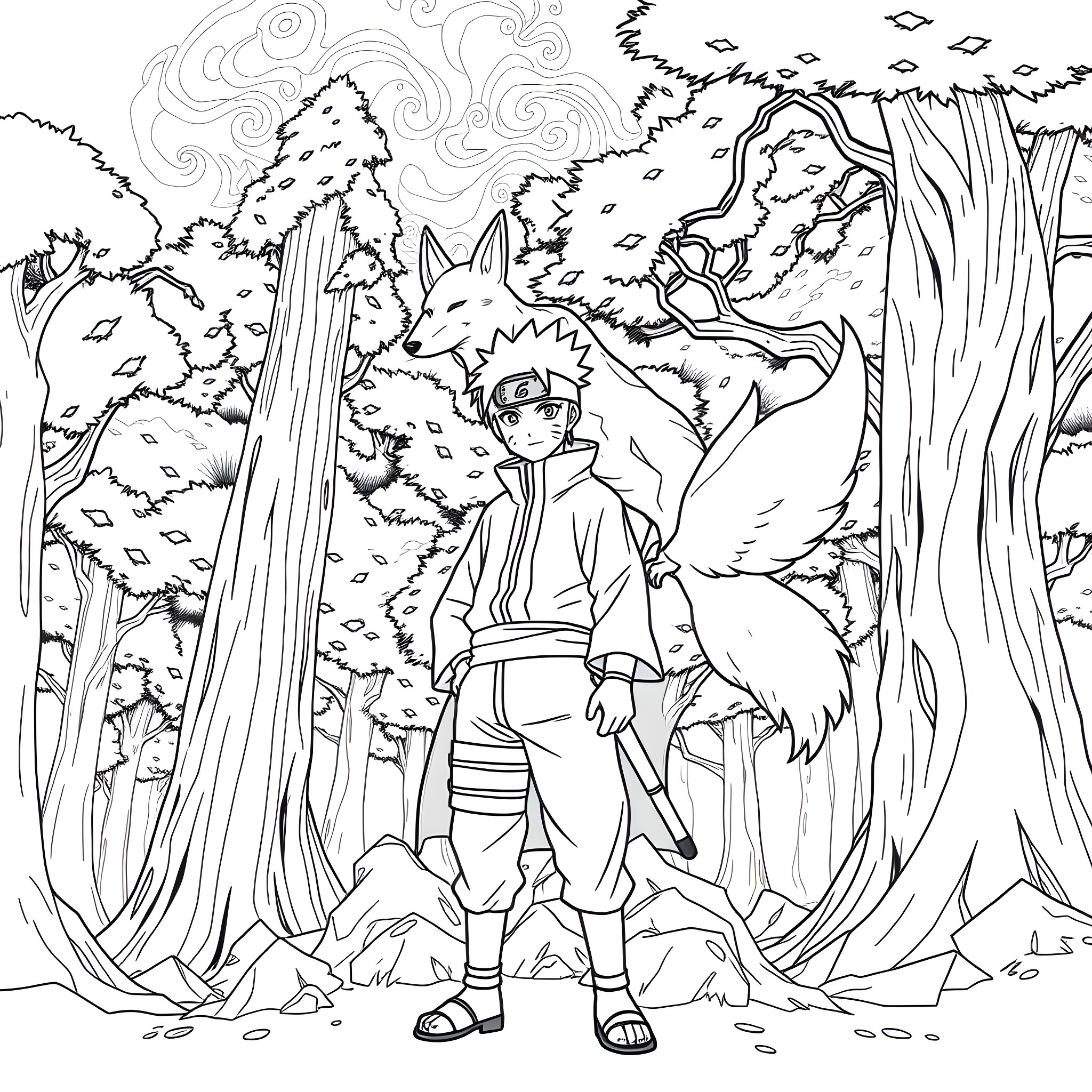 Naruto exploring the mysterious forest with nature spirits Coloring Page (free black-and-white line drawing printable PDF for all, from beginners to advanced learners, including children, teens, adults, and seniors)