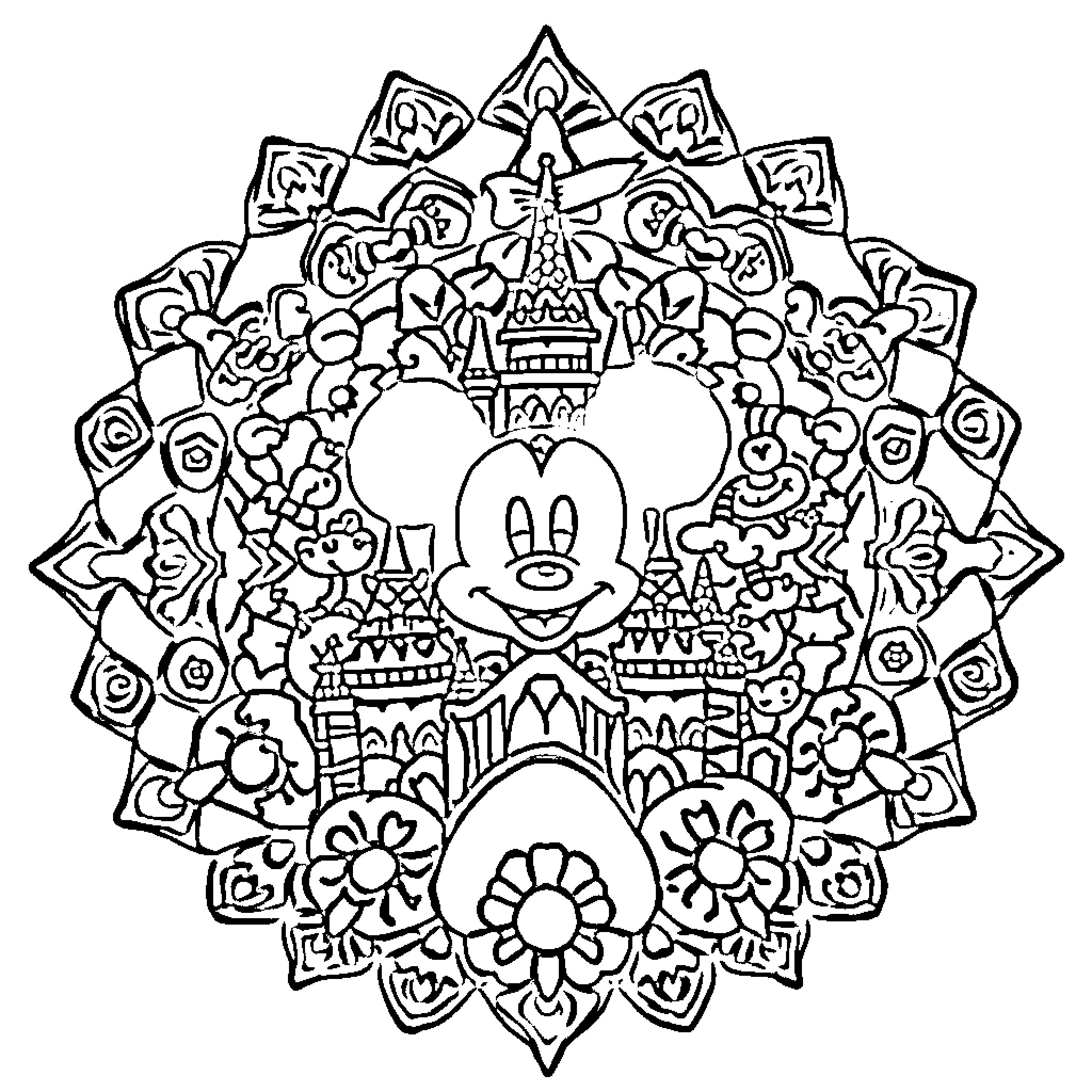 Mandala with Disney-inspired patterns and characters Coloring Page (free black-and-white line drawing printable PDF for all, from beginners to advanced learners, including children, teens, adults, and seniors)