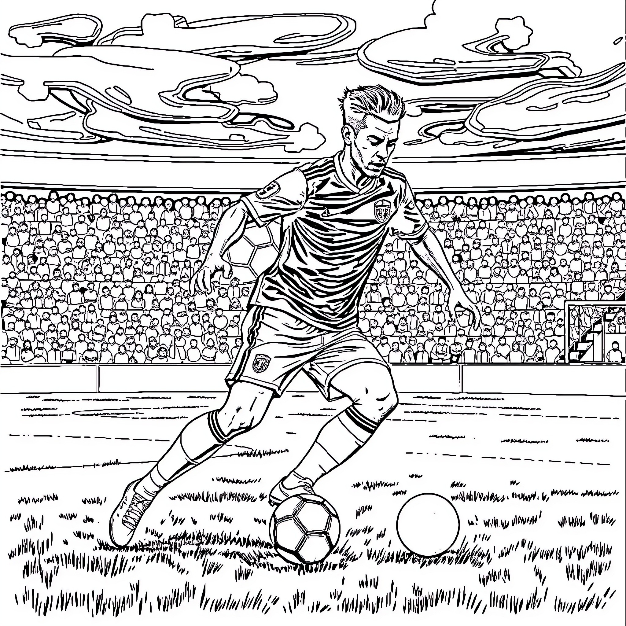 Neymar playing with soccer ball on field Coloring Page (free black-and-white line drawing printable PDF for all, from beginners to advanced learners, including children, teens, adults, and seniors)
