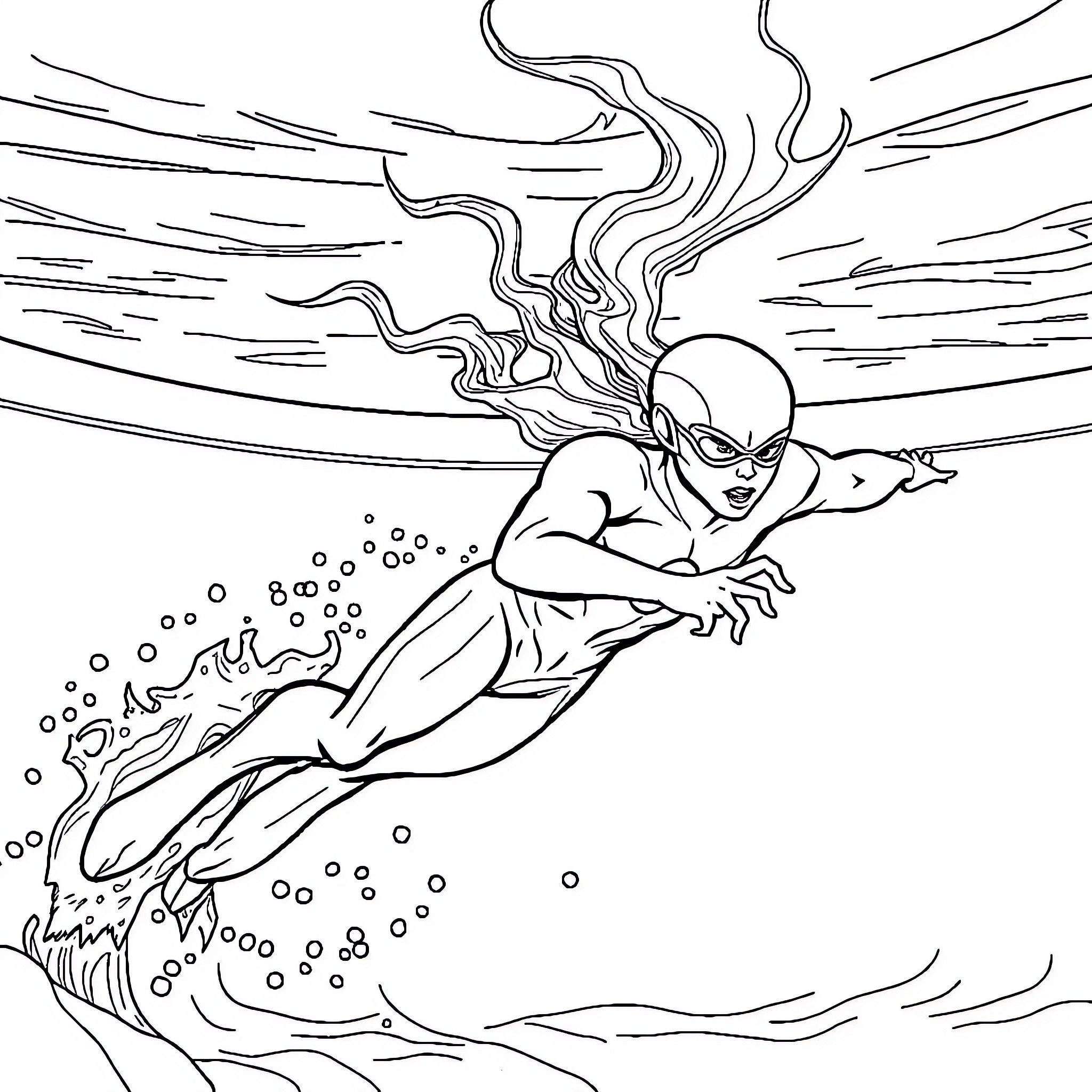 Flash Soaring Through Turbulent Skies Coloring Page (free black-and-white line drawing printable PDF for all, from beginners to advanced learners, including children, teens, adults, and seniors)