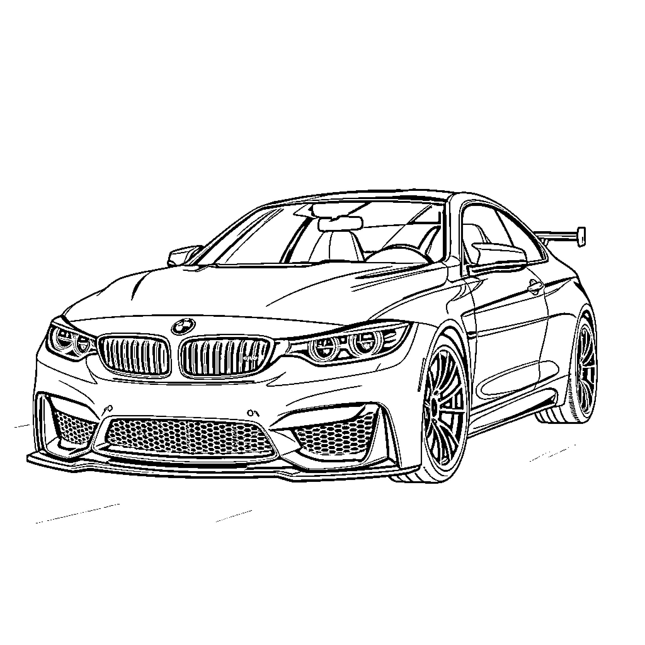 BMW Sports Car in Dynamic Pose Coloring Page (free black-and-white line drawing printable PDF for all, from beginners to advanced learners, including children, teens, adults, and seniors)