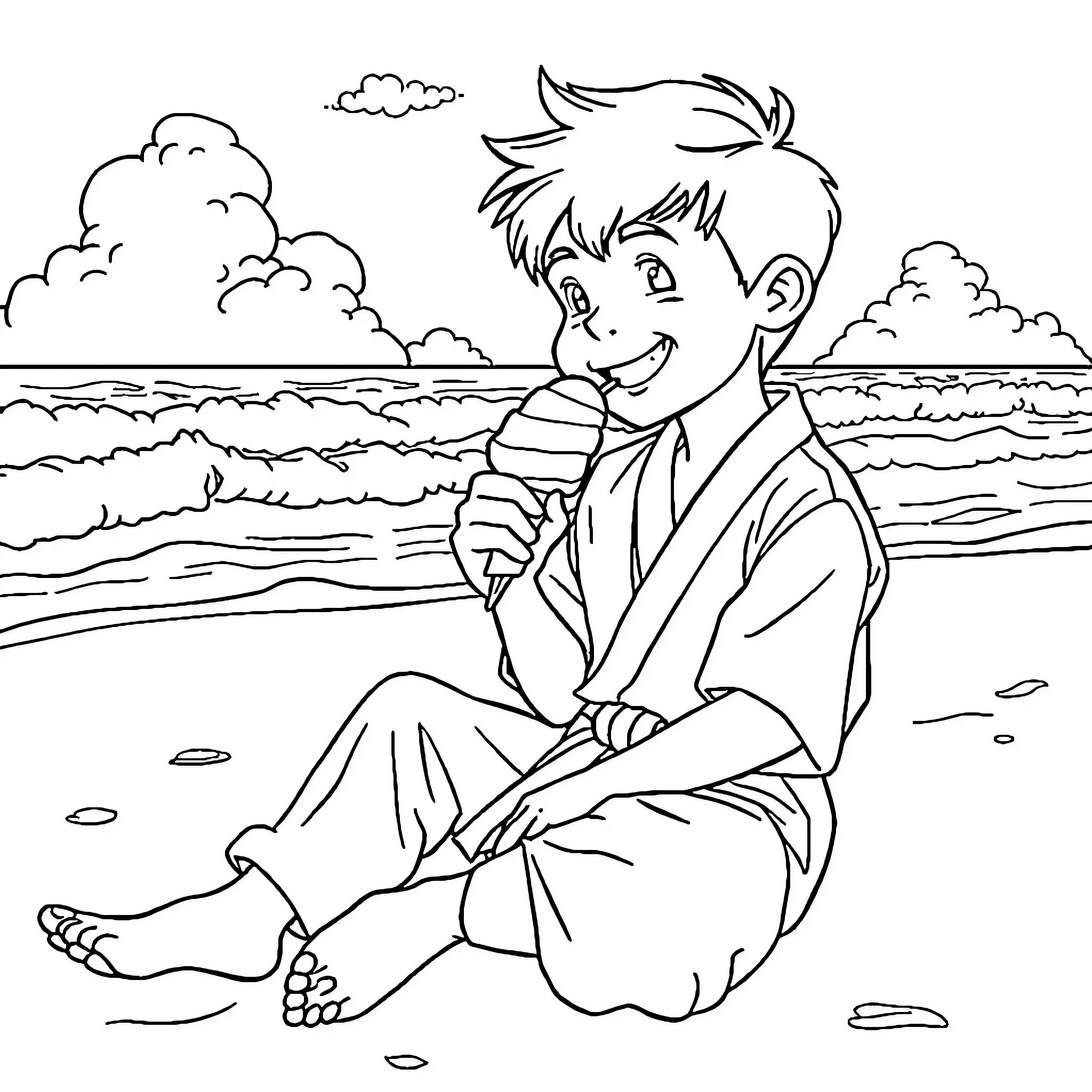 Karate Kid Relaxing on the Beach Coloring Page (free black-and-white line drawing printable PDF for all, from beginners to advanced learners, including children, teens, adults, and seniors)