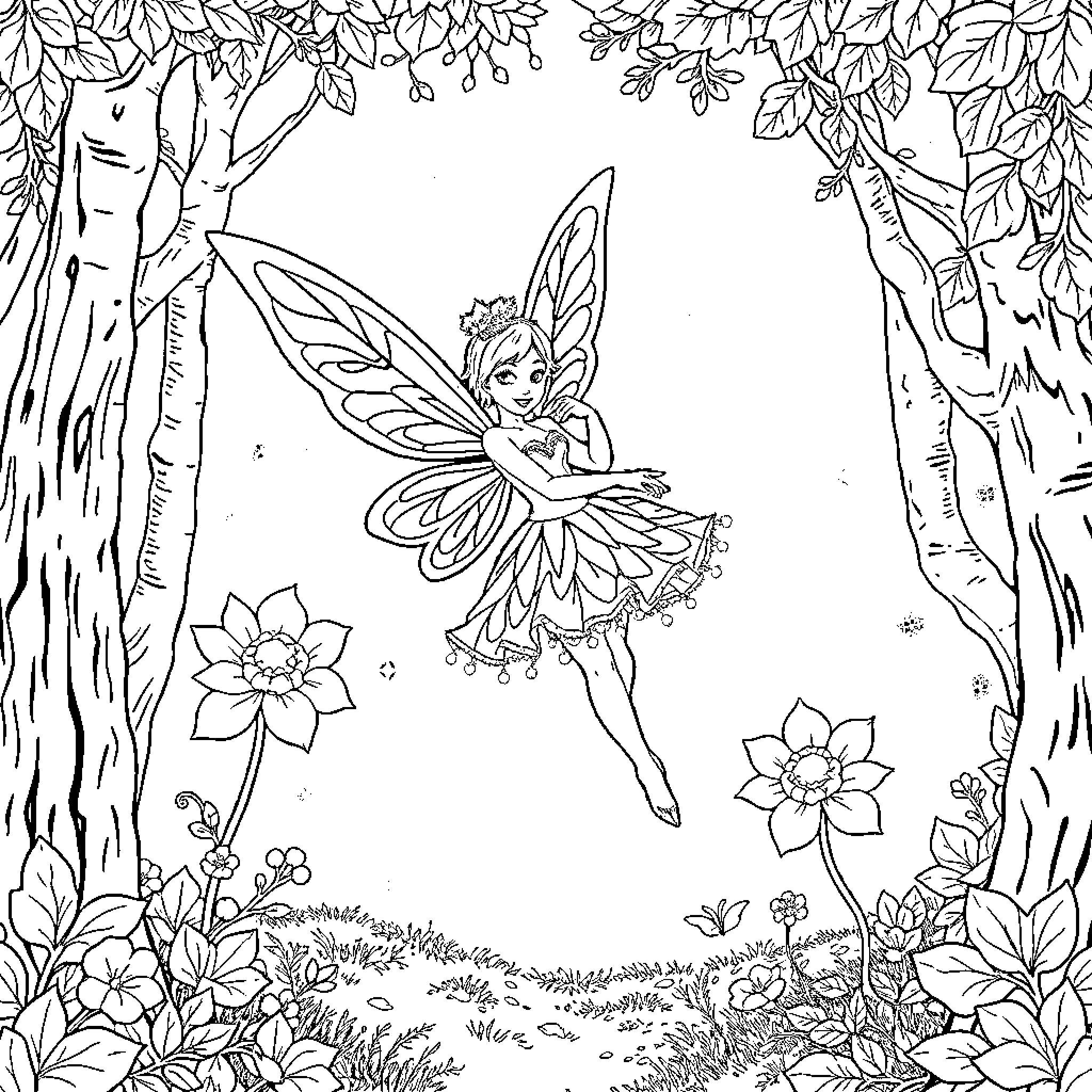 Sugar Plum Fairy dancing gracefully in enchanted forest Coloring Page (free black-and-white line drawing printable PDF for all, from beginners to advanced learners, including children, teens, adults, and seniors)