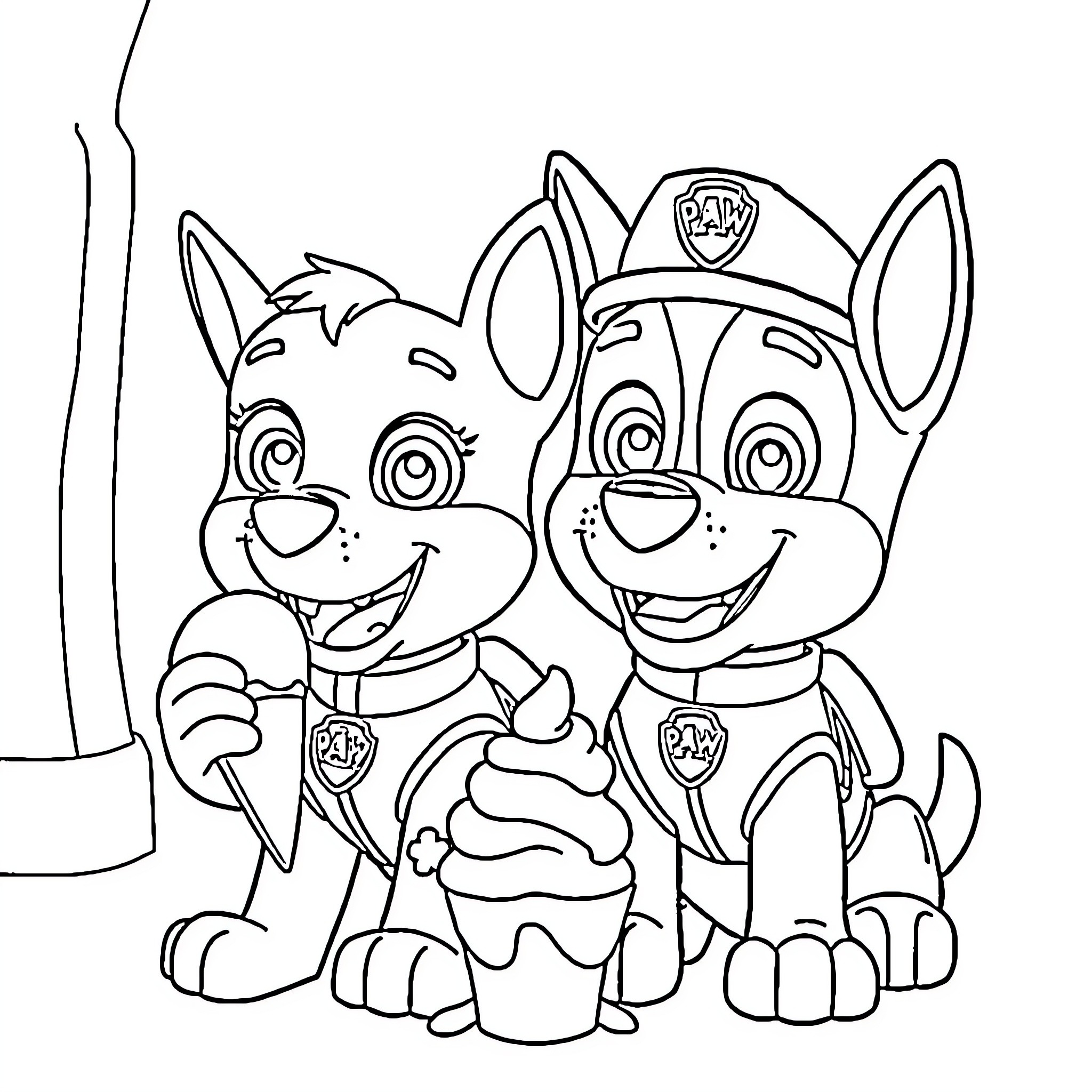 Bluey and Paw Patrol Pup Playing Together Coloring Page (free black-and-white line drawing printable PDF for all, from beginners to advanced learners, including children, teens, adults, and seniors)