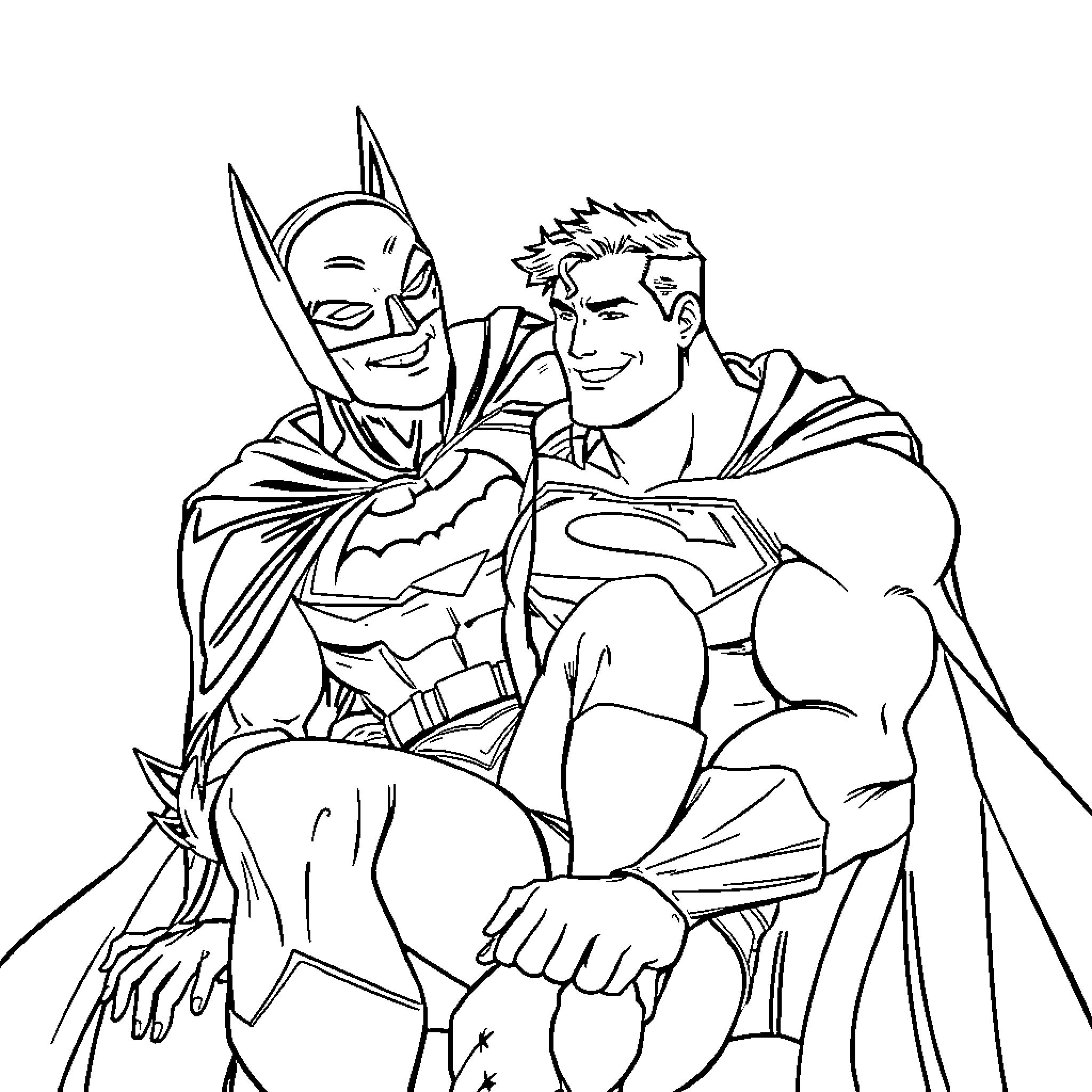Batman and Superman - Iconic Duo in Action Coloring Page (free black-and-white line drawing printable PDF for all, from beginners to advanced learners, including children, teens, adults, and seniors)
