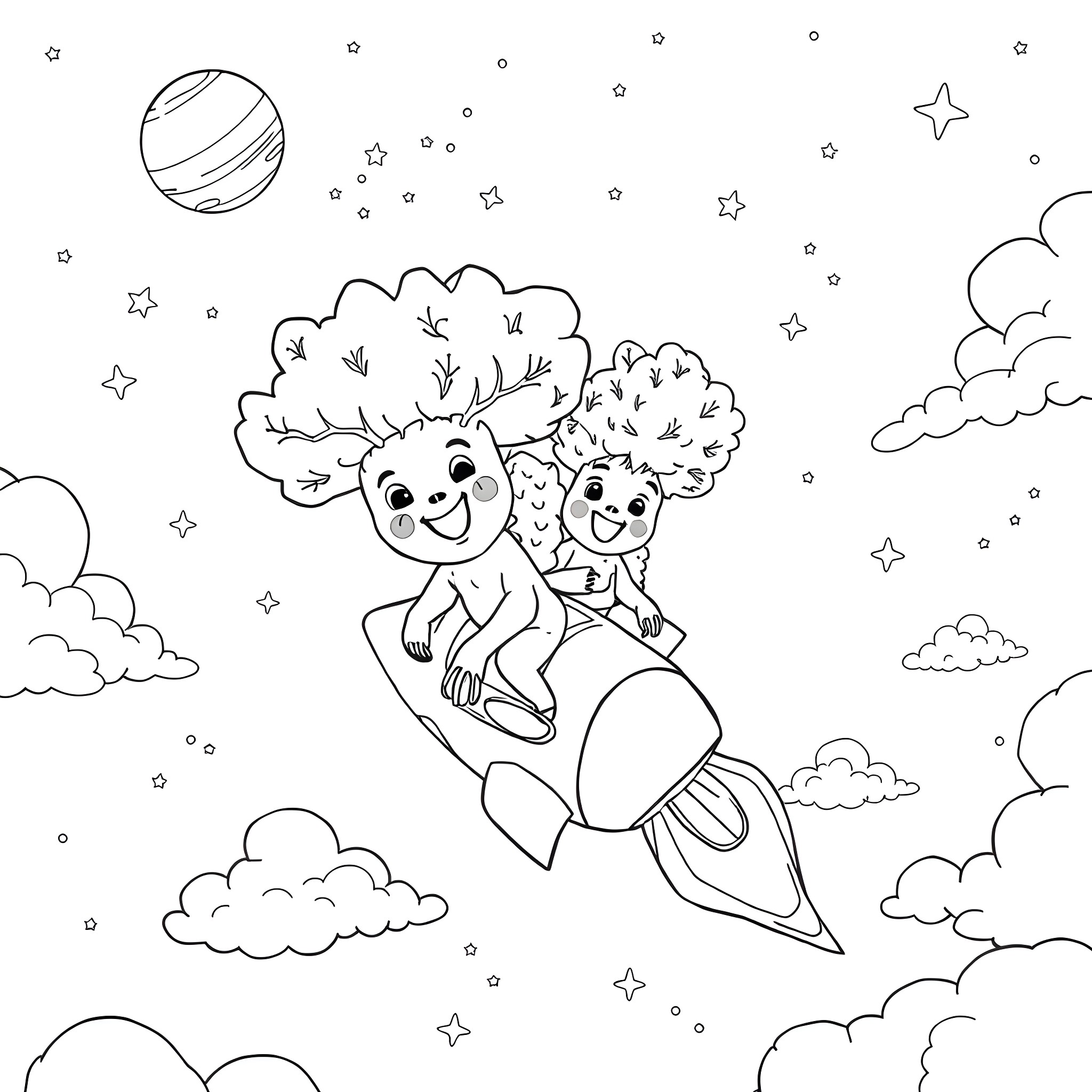 Tree friends riding rocket in the galaxy Coloring Page (free black-and-white line drawing printable PDF for all, from beginners to advanced learners, including children, teens, adults, and seniors)