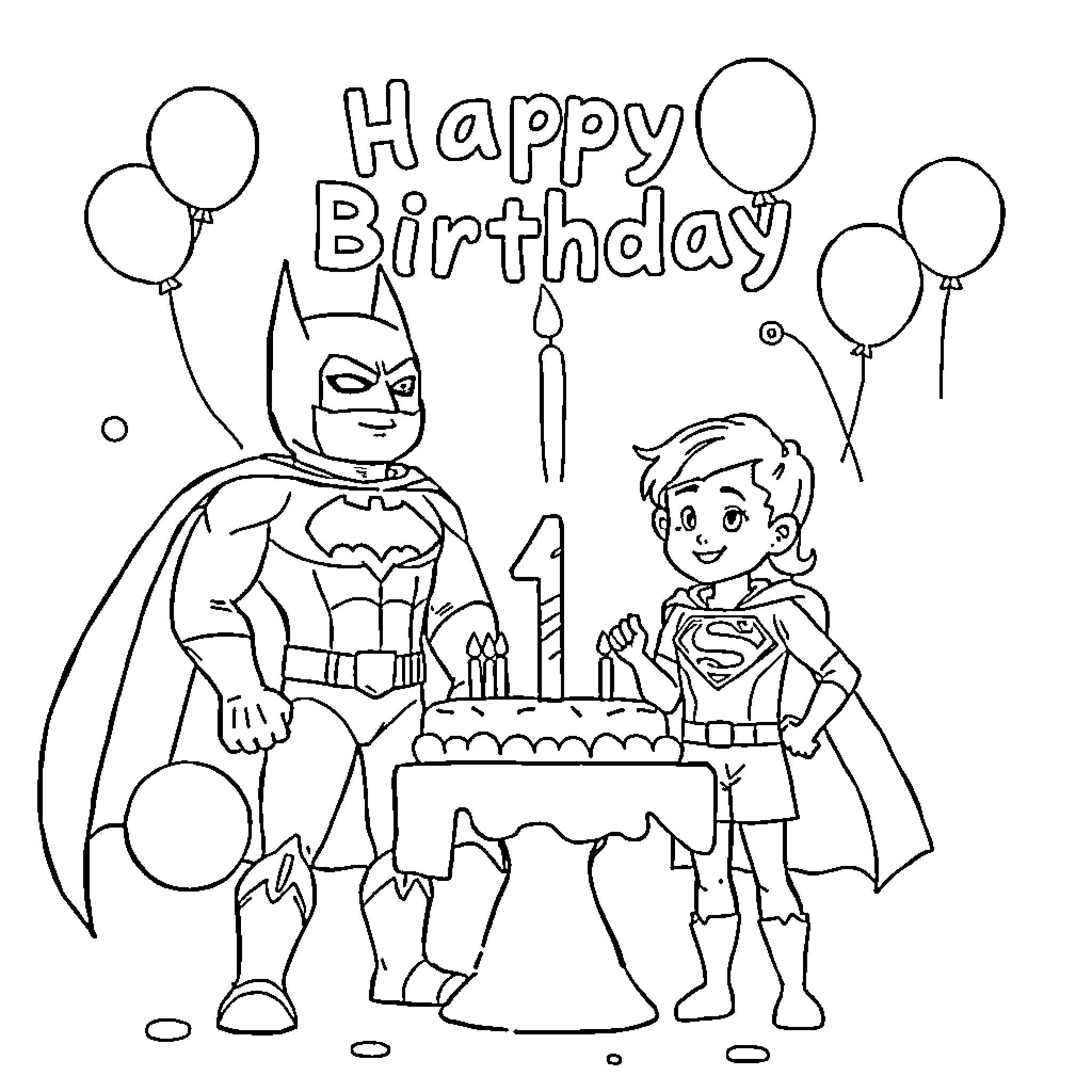 Superhero Friends Celebrating a Birthday Coloring Page (free black-and-white line drawing printable PDF for all, from beginners to advanced learners, including children, teens, adults, and seniors)