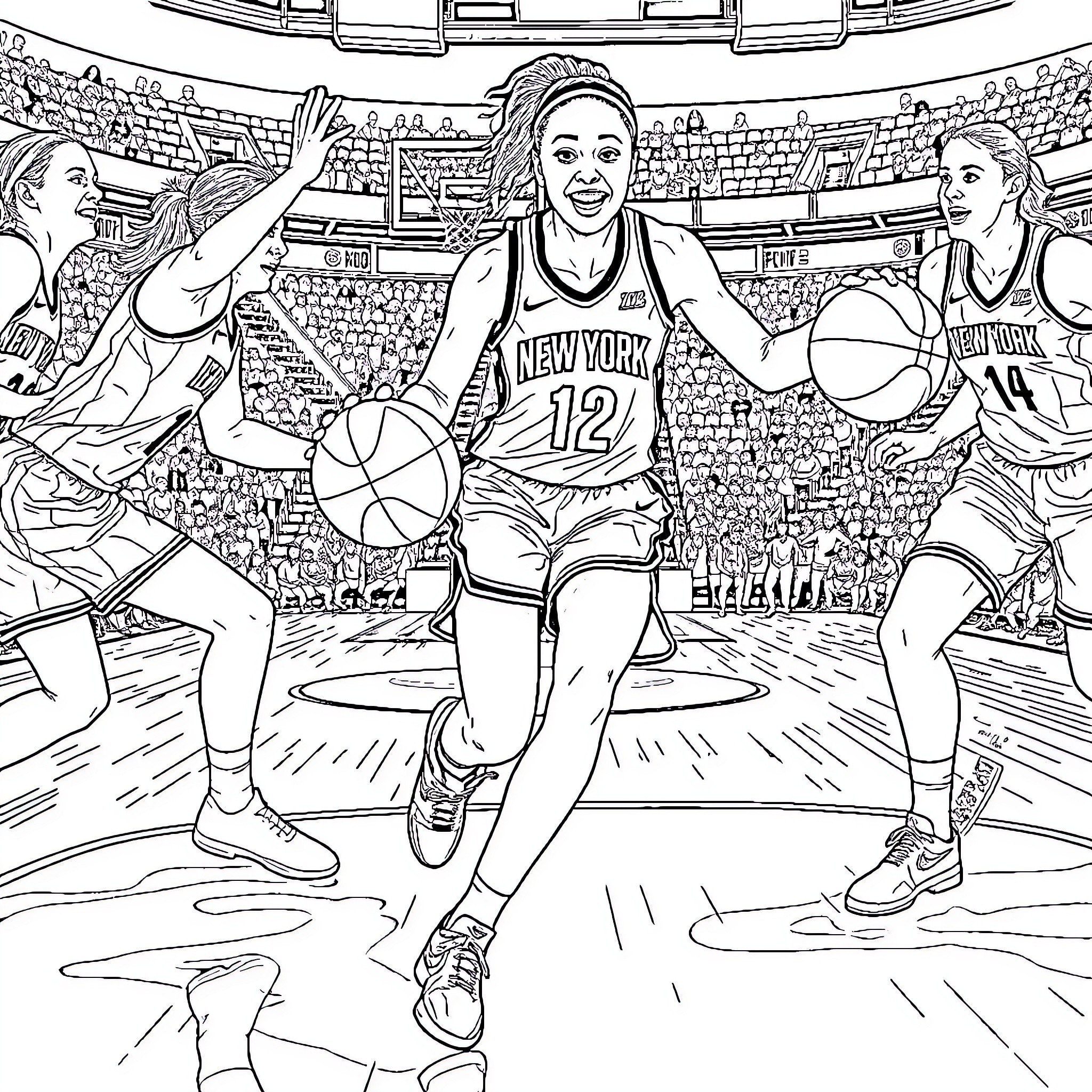 Breanna Stewart playing basketball in a crowded stadium Coloring Page (free black-and-white line drawing printable PDF for all, from beginners to advanced learners, including children, teens, adults, and seniors)