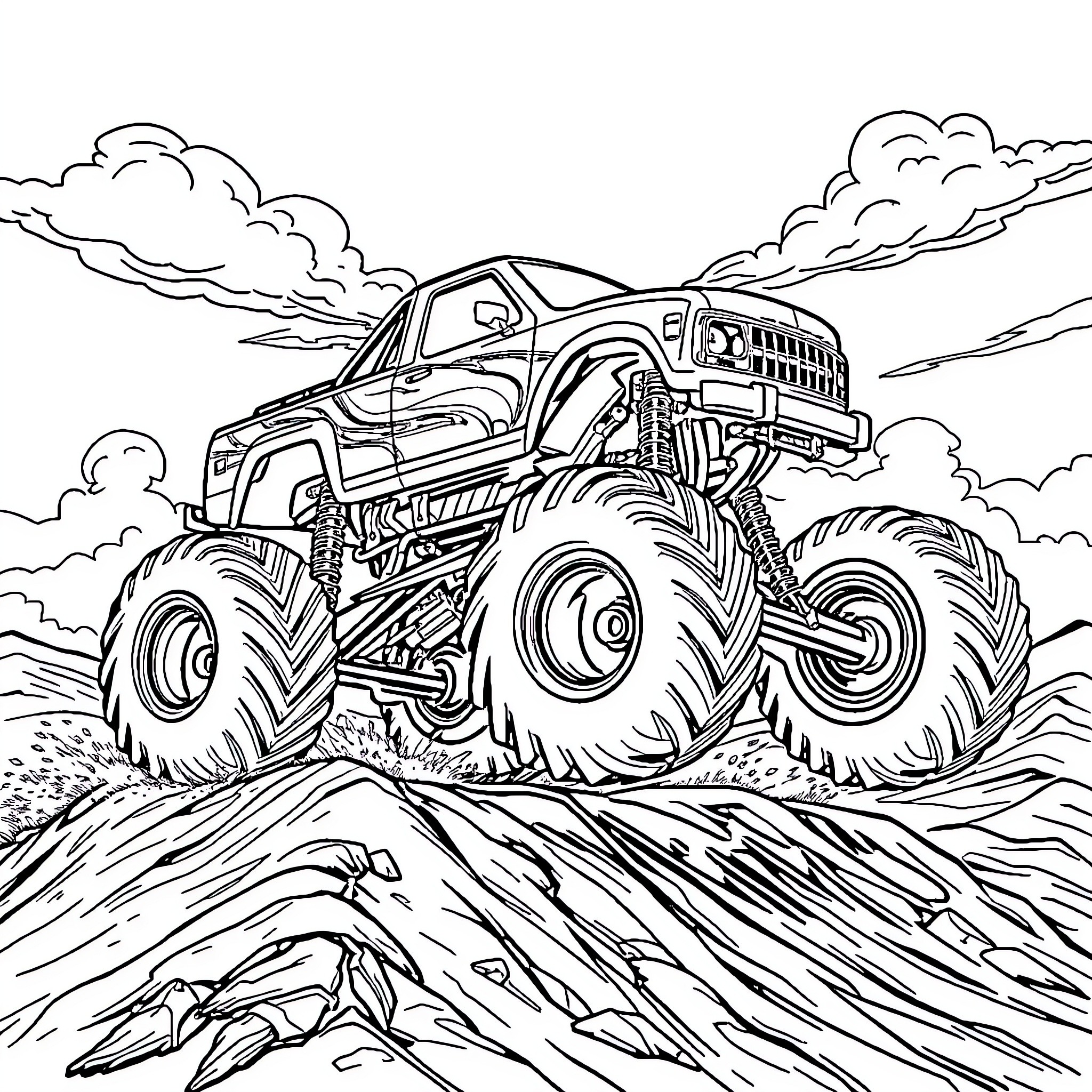 Monster Truck Crushing Through Rugged Terrain Coloring Page (free black-and-white line drawing printable PDF for all, from beginners to advanced learners, including children, teens, adults, and seniors)