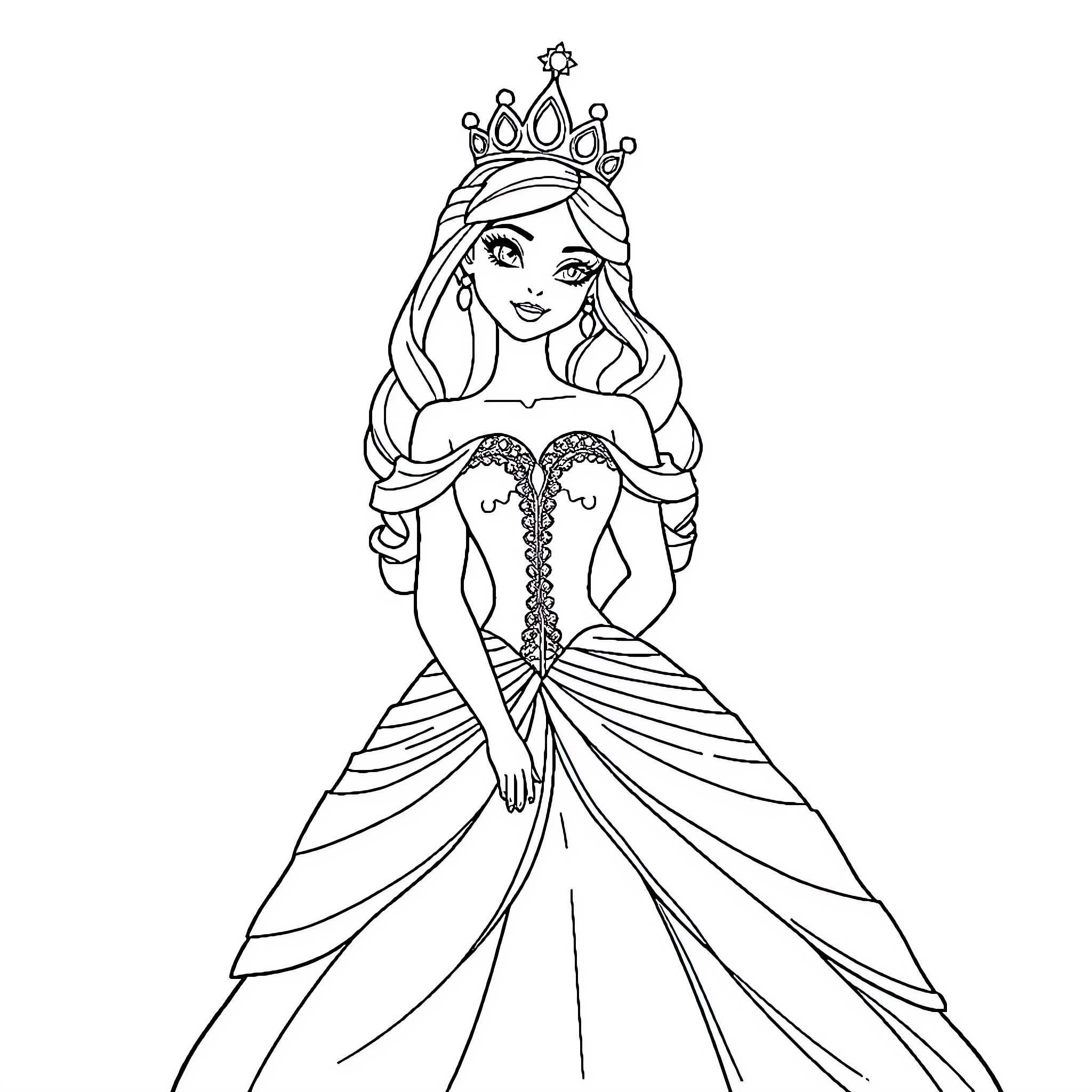 Princess in a Regal Gown and Crown Coloring Page (free black-and-white line drawing printable PDF for all, from beginners to advanced learners, including children, teens, adults, and seniors)