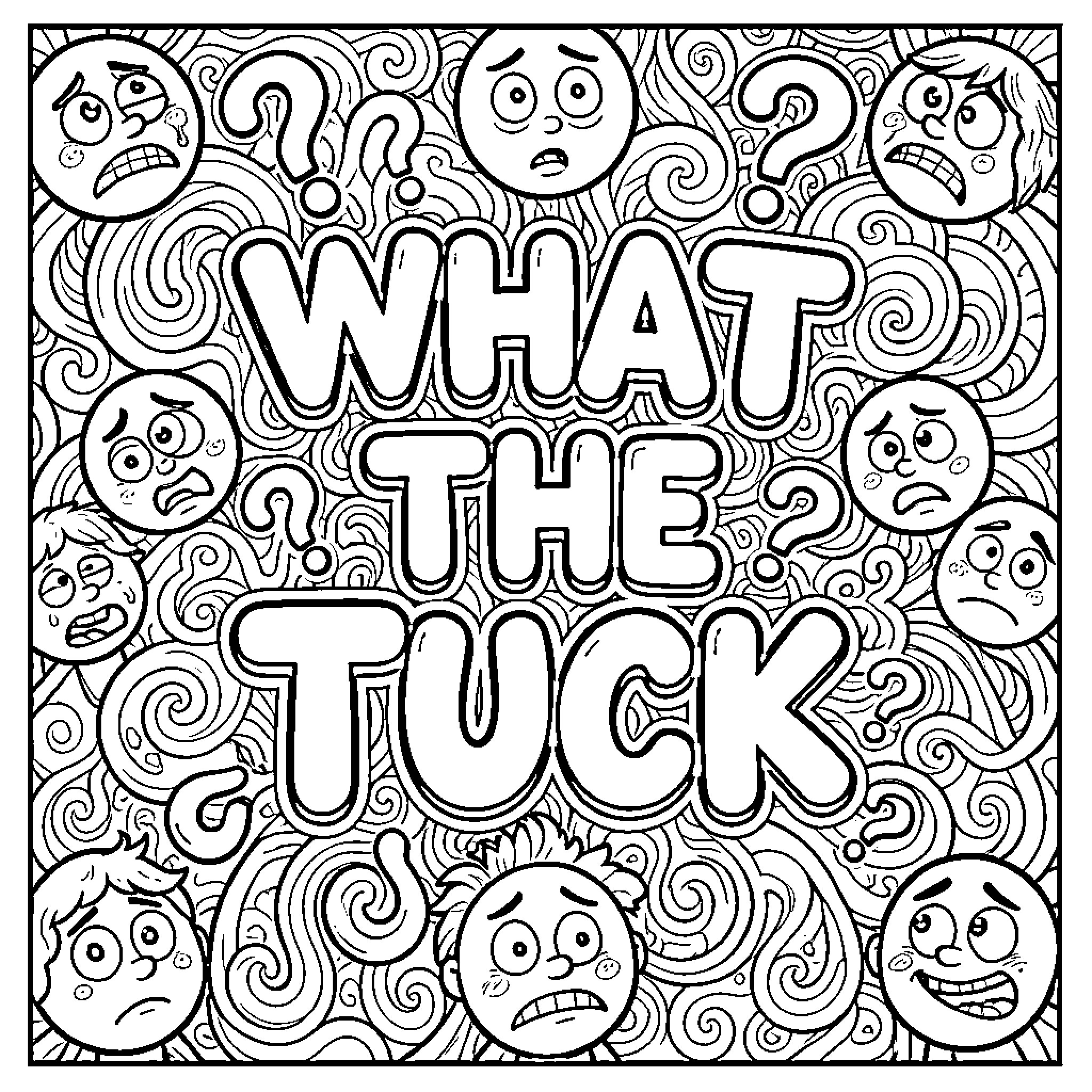 Lettering with comical facial expressions and emotions Coloring Page (free black-and-white line drawing printable PDF for all, from beginners to advanced learners, including children, teens, adults, and seniors)