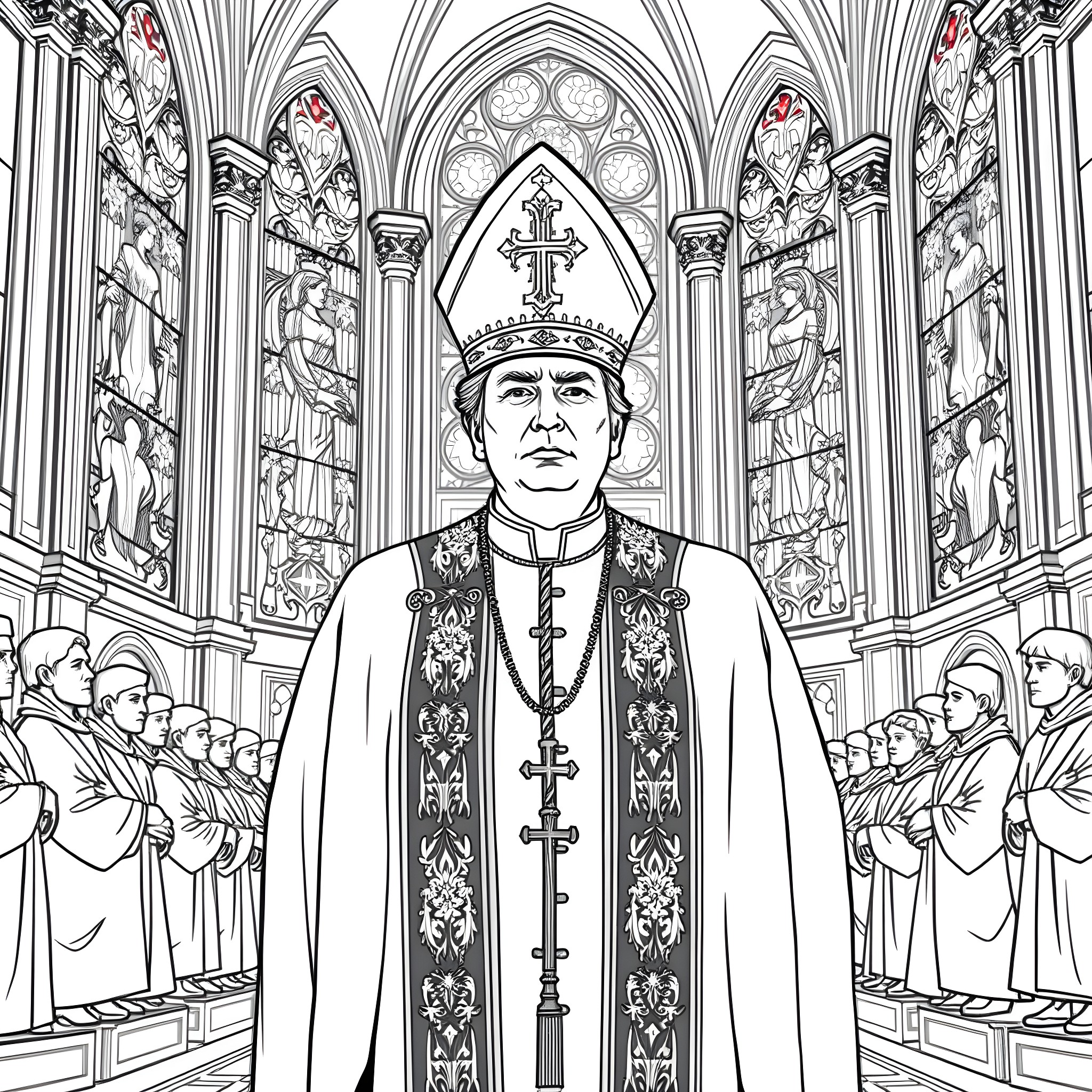 Trump in ornate church with robed followers Coloring Page (free black-and-white line drawing printable PDF for all, from beginners to advanced learners, including children, teens, adults, and seniors)