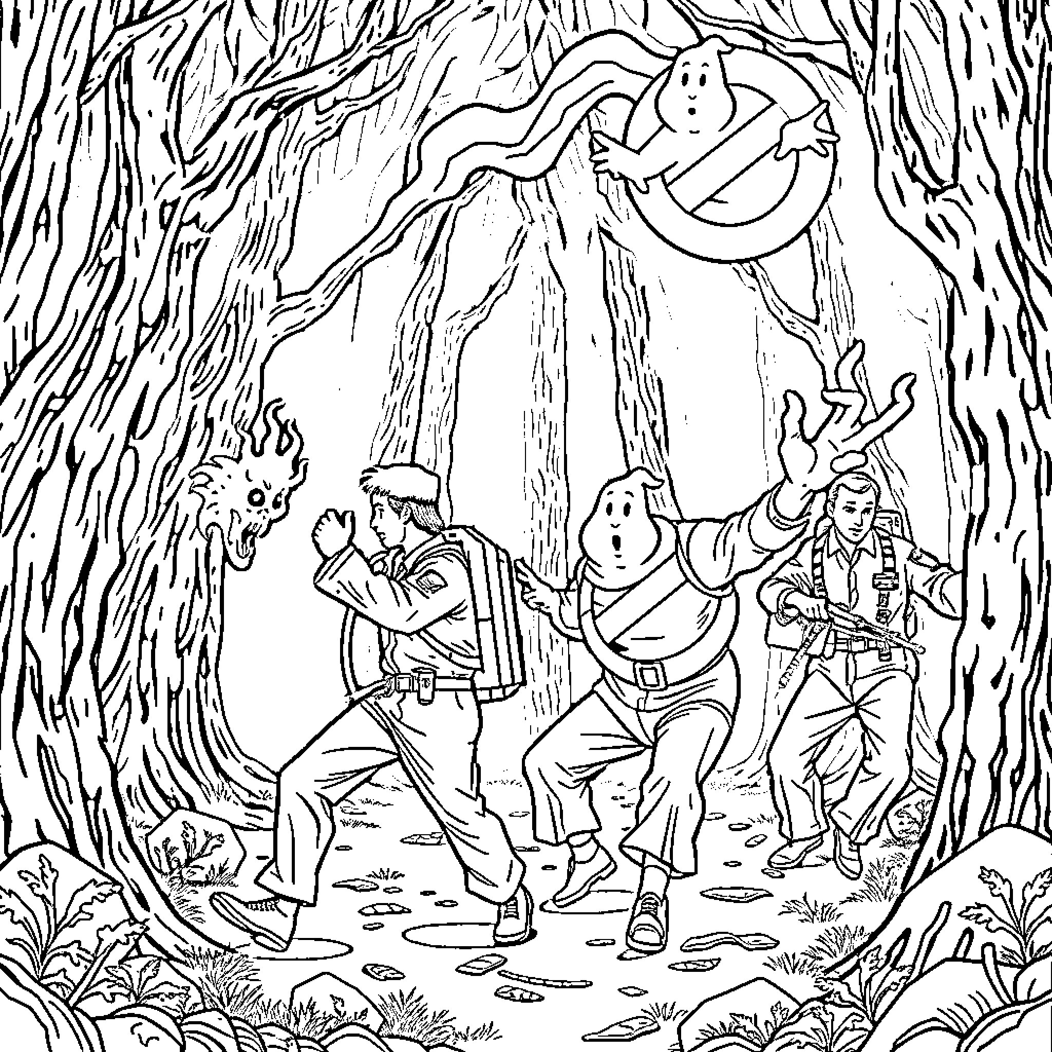 Ghostbusters explore the eerie forest Coloring Page (free black-and-white line drawing printable PDF for all, from beginners to advanced learners, including children, teens, adults, and seniors)