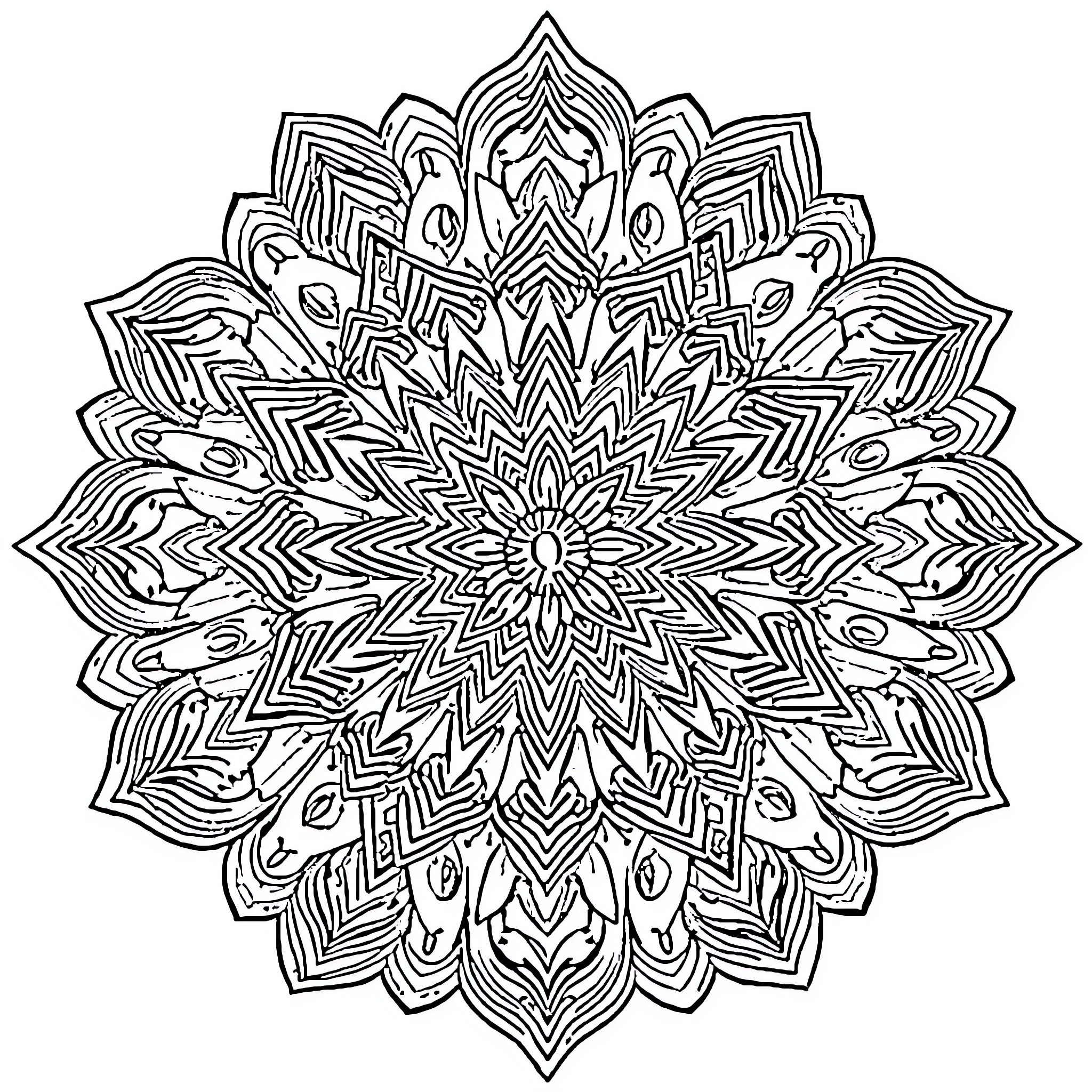 Mandala of intricate geometric patterns Coloring Page (free black-and-white line drawing printable PDF for all, from beginners to advanced learners, including children, teens, adults, and seniors)