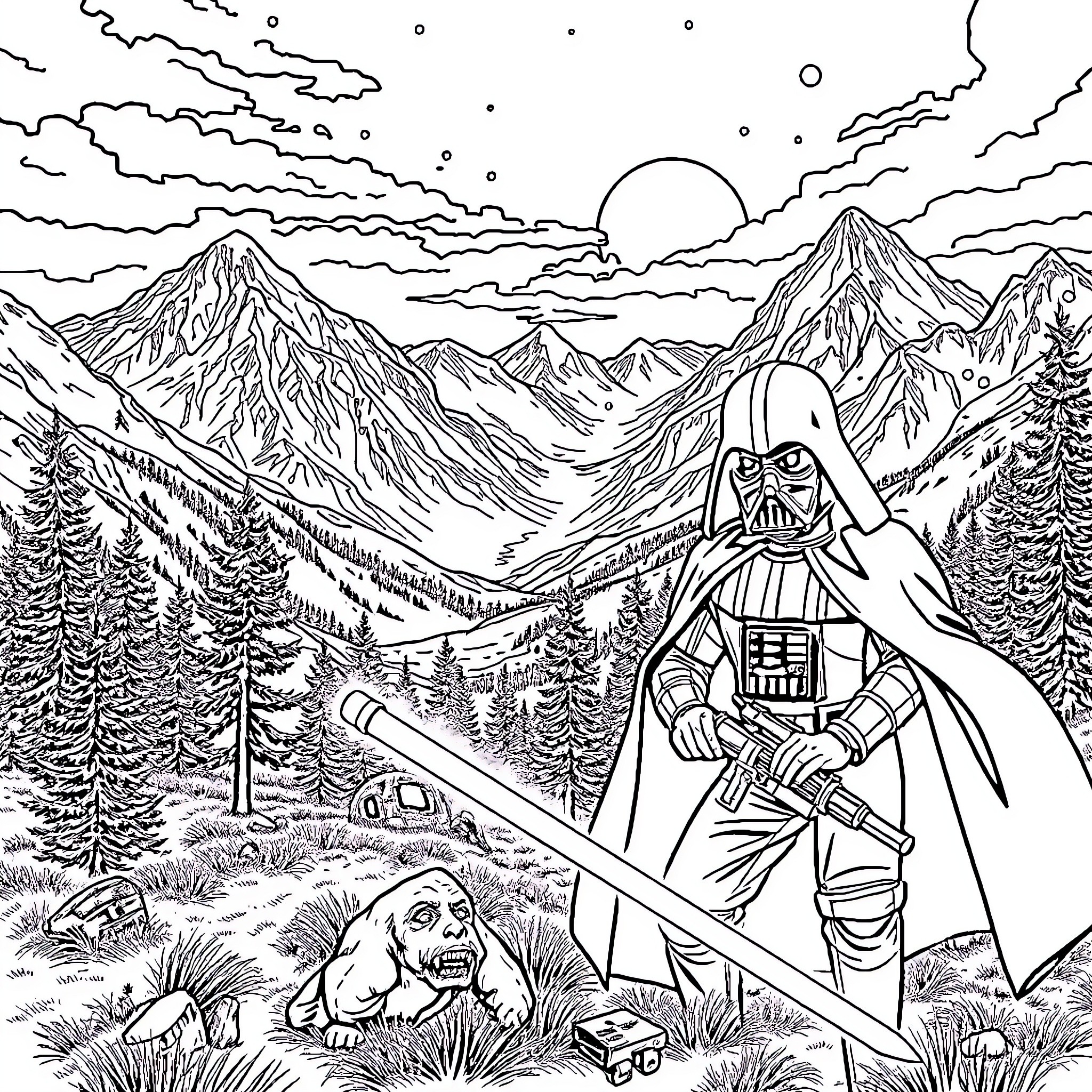 Star Wars: Darth Vader Explores the Snowy Mountainous Landscape Coloring Page (free black-and-white line drawing printable PDF for all, from beginners to advanced learners, including children, teens, adults, and seniors)