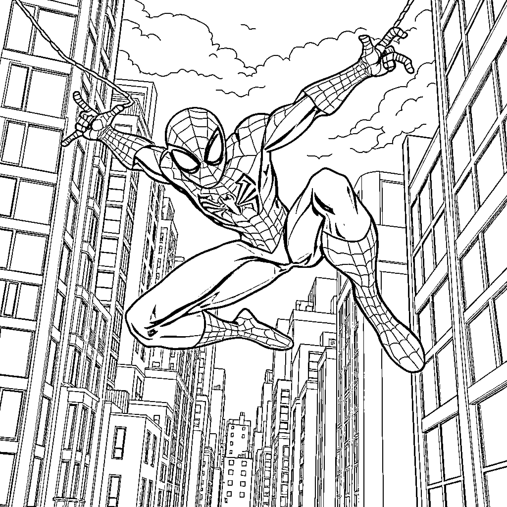 Spidey swinging through the city skyline Coloring Page (free black-and-white line drawing printable PDF for all, from beginners to advanced learners, including children, teens, adults, and seniors)