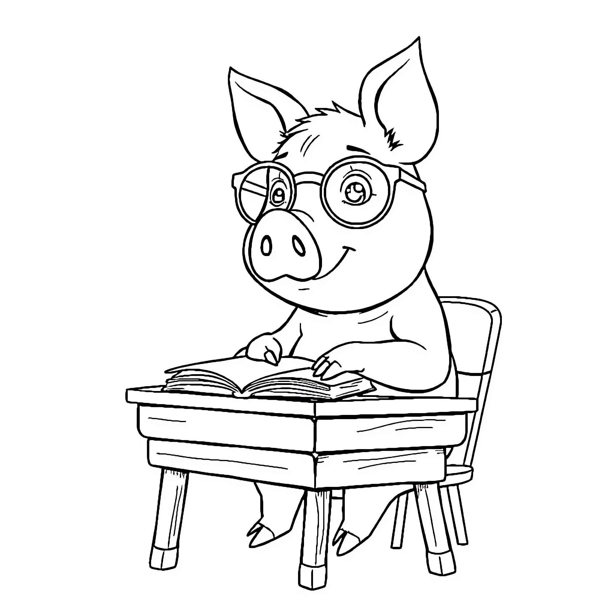 Pig studying diligently at desk Coloring Page (free black-and-white line drawing printable PDF for all, from beginners to advanced learners, including children, teens, adults, and seniors)