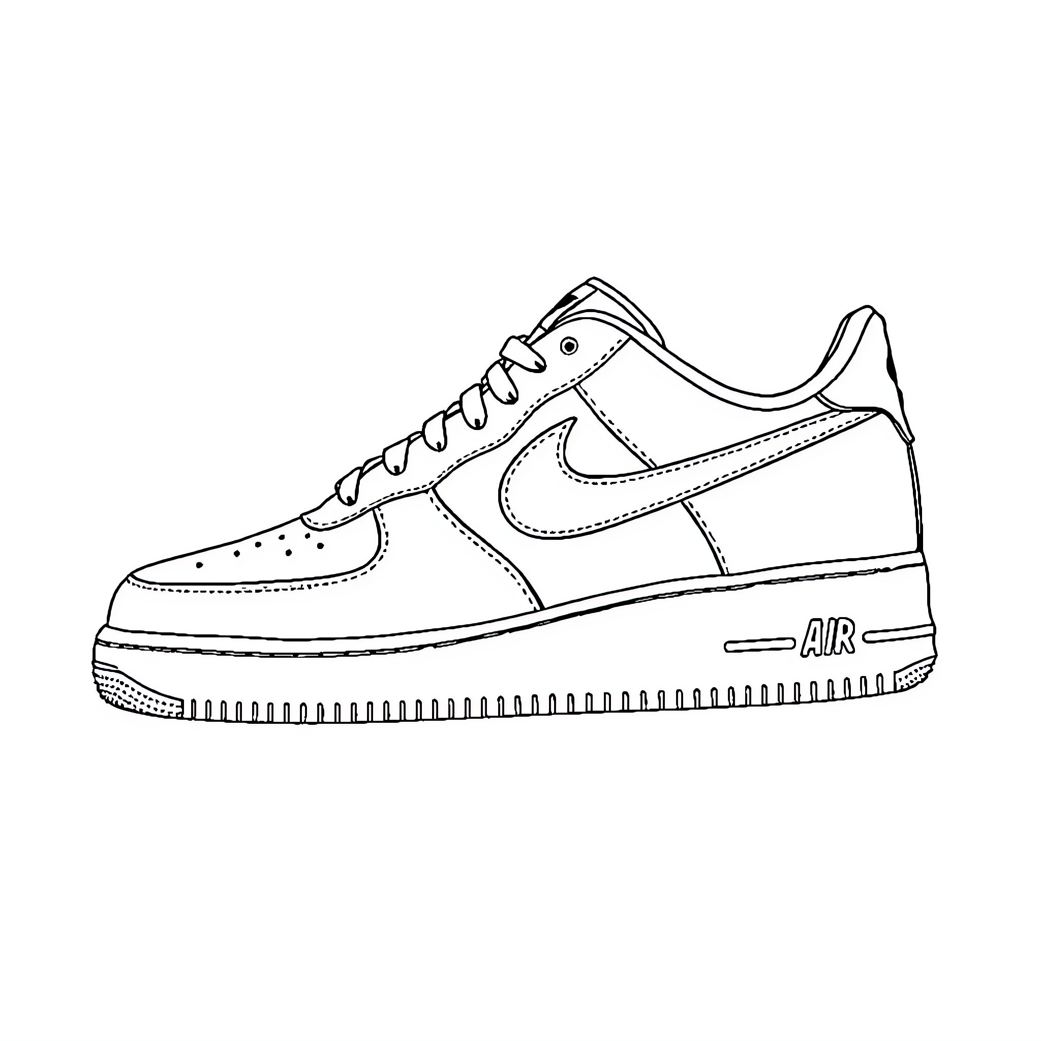 Nike Air Force 1 shoe design sketch Coloring Page (free black-and-white line drawing printable PDF for all, from beginners to advanced learners, including children, teens, adults, and seniors)