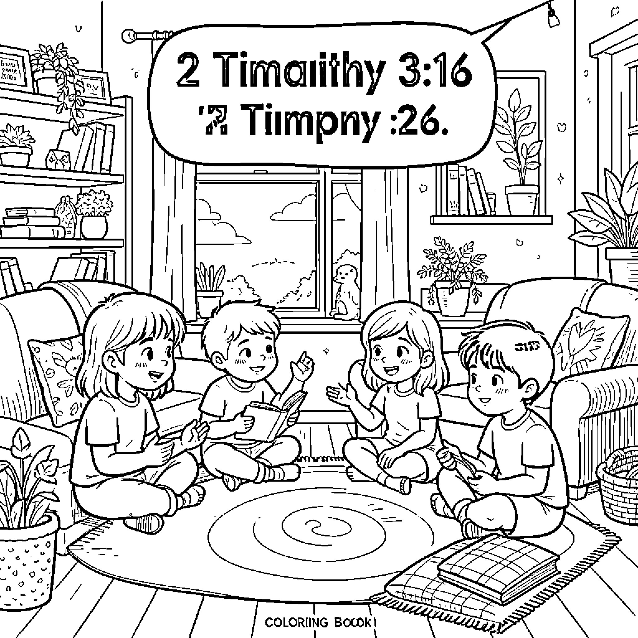 Timothy and friends sitting together reading books Coloring Page (free black-and-white line drawing printable PDF for all, from beginners to advanced learners, including children, teens, adults, and seniors)