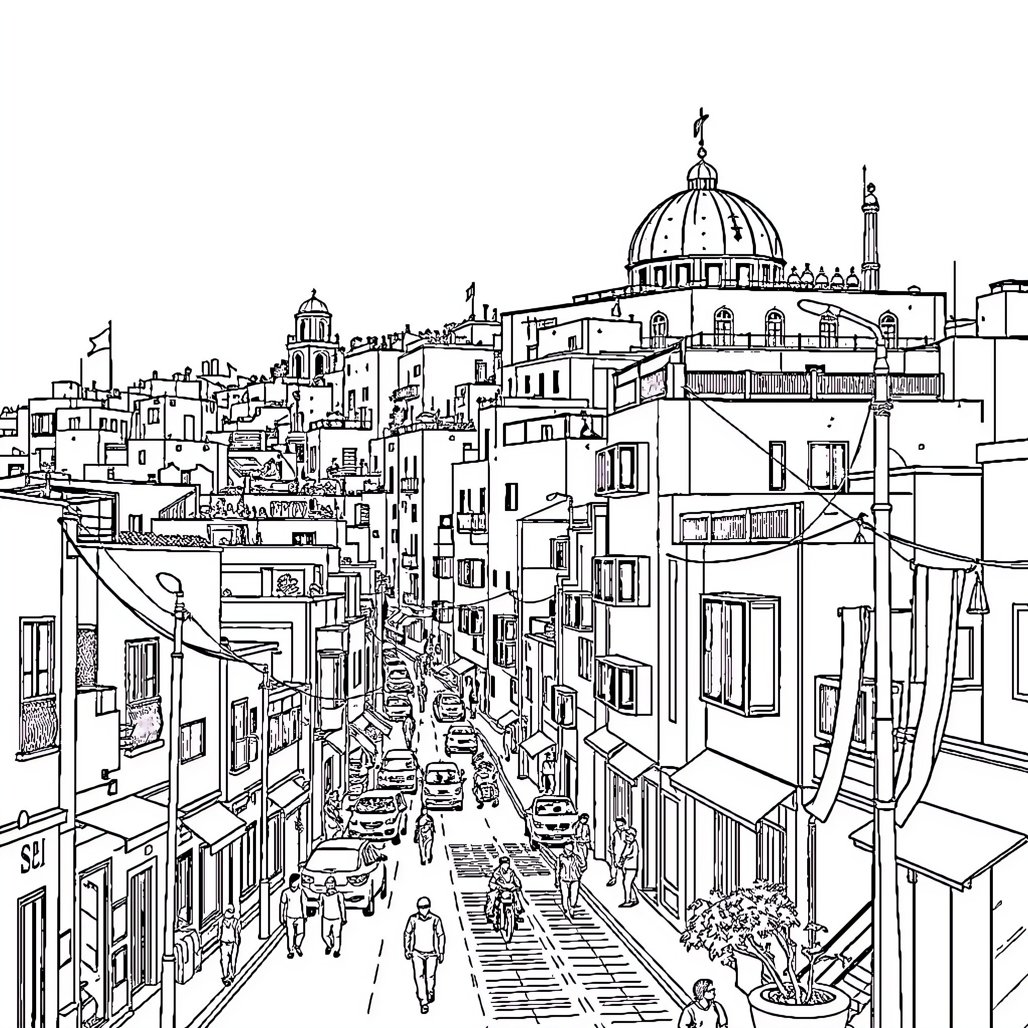 Ramallah's bustling cityscape with iconic architecture Coloring Page (free black-and-white line drawing printable PDF for all, from beginners to advanced learners, including children, teens, adults, and seniors)