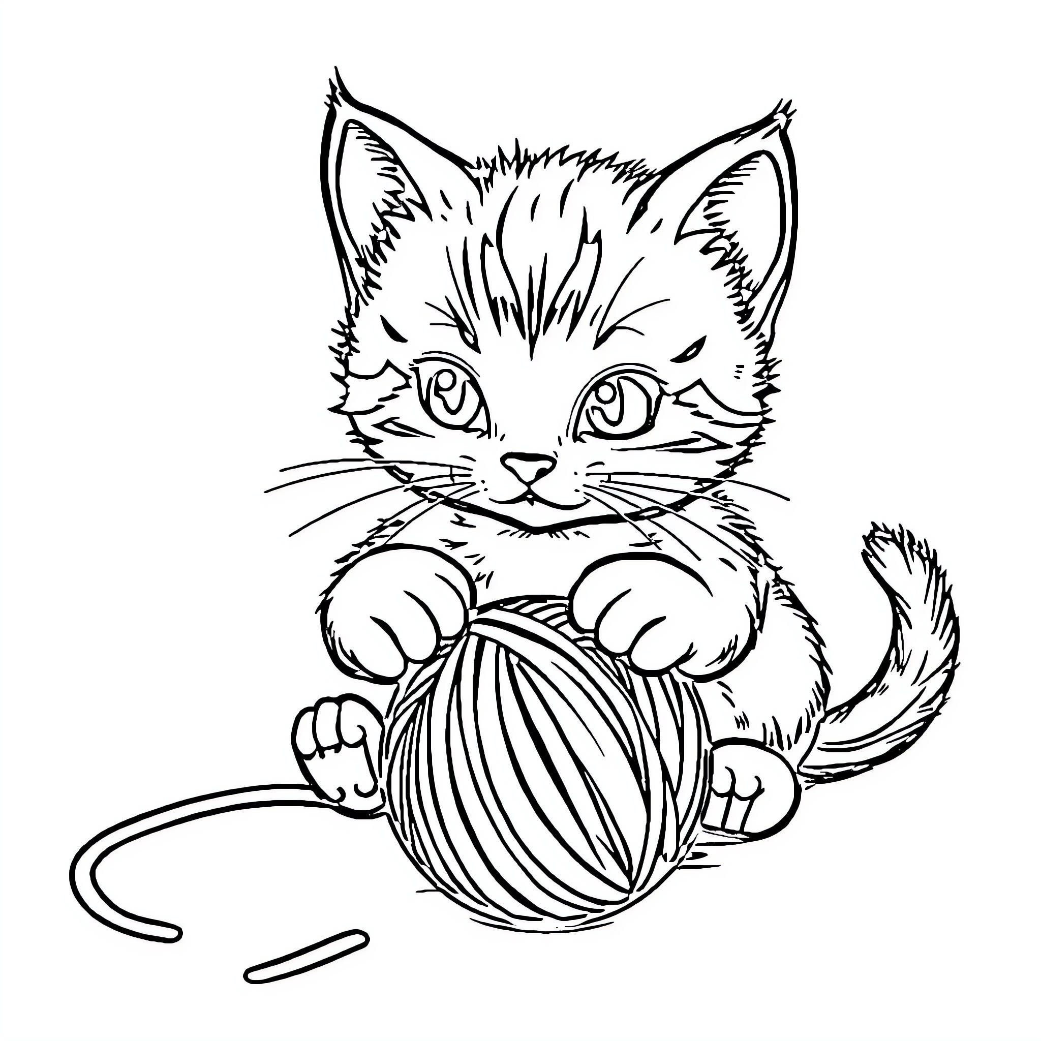 Kitty playing with yarn ball Coloring Page (free black-and-white line drawing printable PDF for all, from beginners to advanced learners, including children, teens, adults, and seniors)