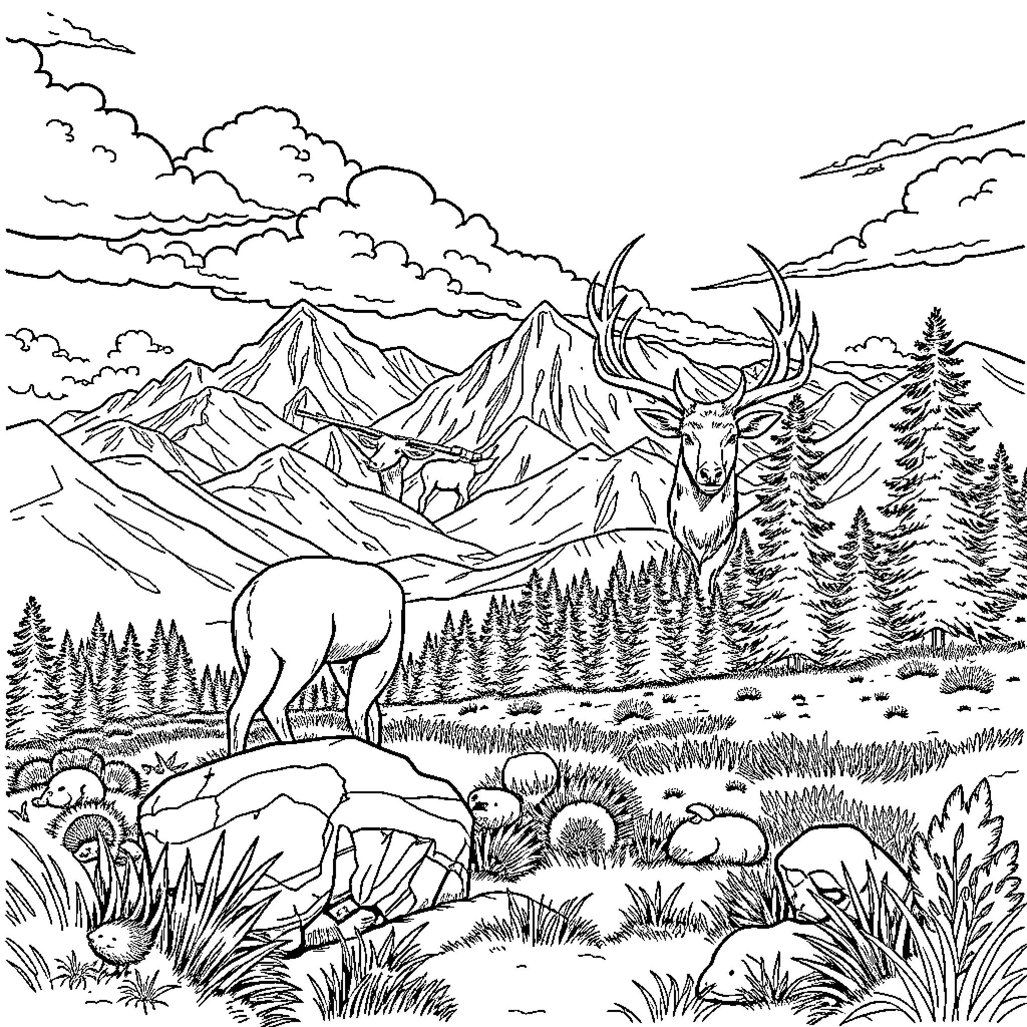 Huntrix in the Wilderness: Majestic Deer Amid Mountains and Forests Coloring Page (free black-and-white line drawing printable PDF for all, from beginners to advanced learners, including children, teens, adults, and seniors)