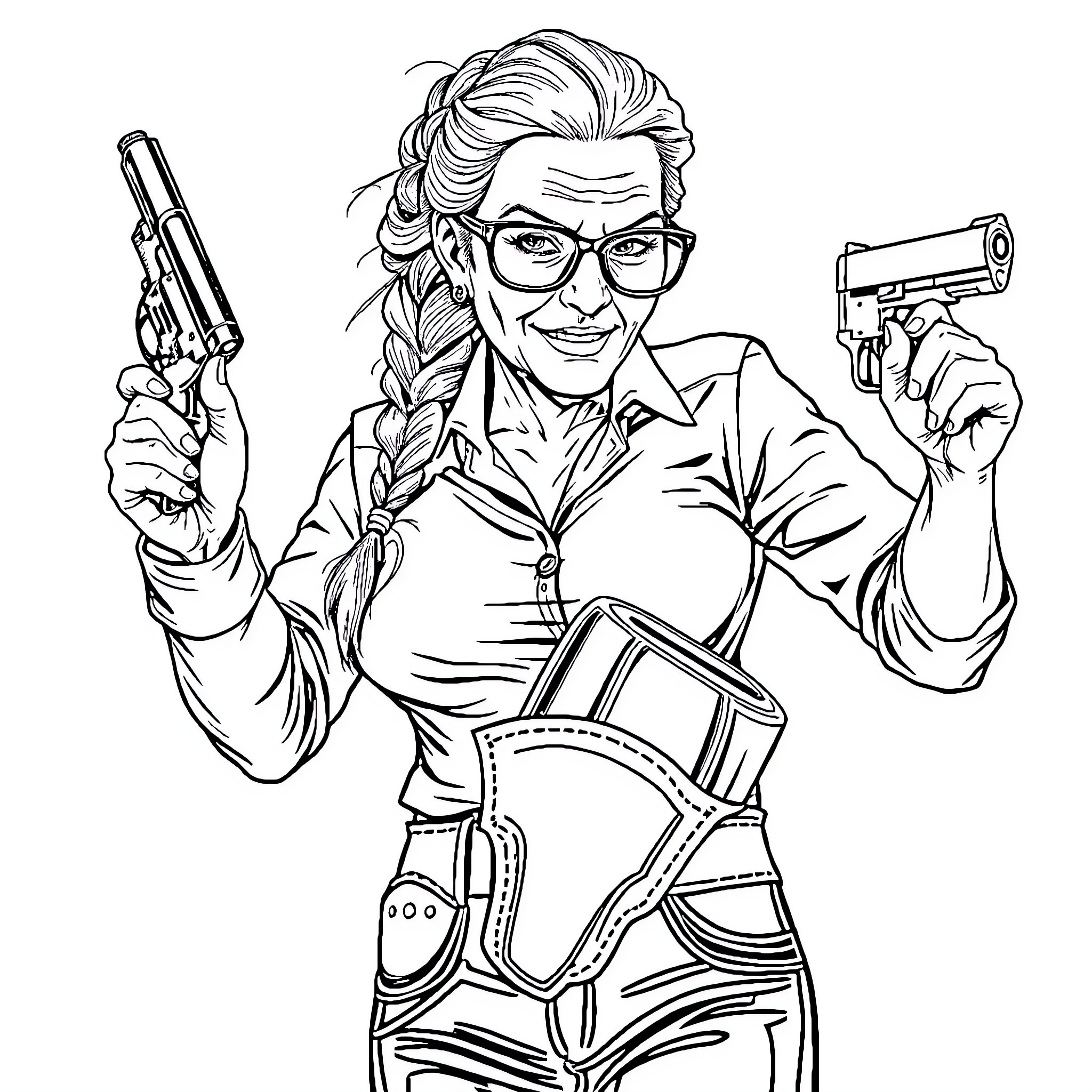 Granny with Firearms - An Unconventional Portrait Coloring Page (free black-and-white line drawing printable PDF for all, from beginners to advanced learners, including children, teens, adults, and seniors)