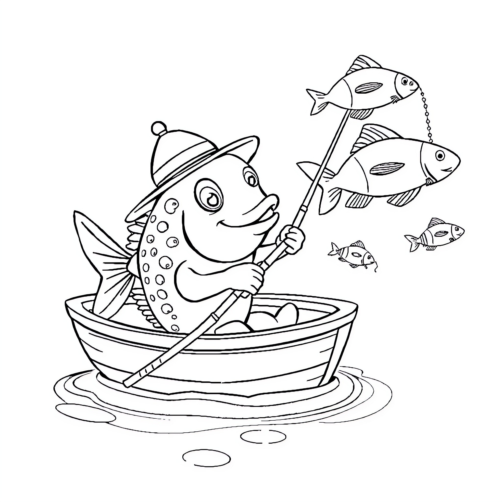 Fish playing joyfully with fishing rods in a boat Coloring Page (free black-and-white line drawing printable PDF for all, from beginners to advanced learners, including children, teens, adults, and seniors)