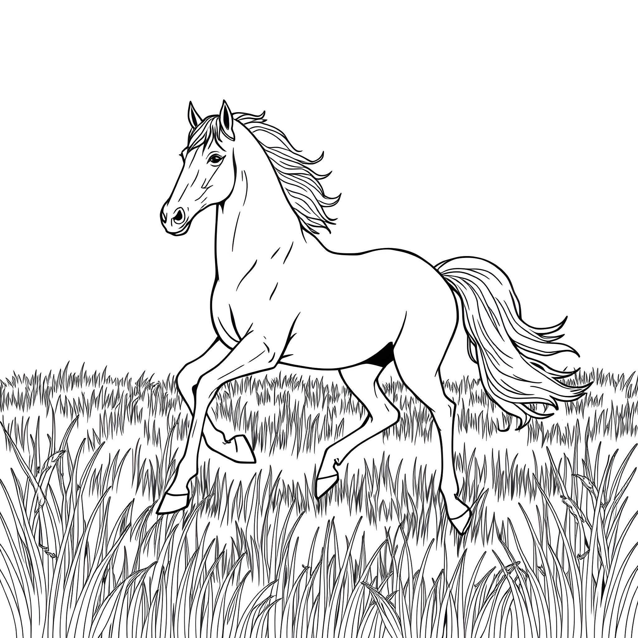 Horse galloping freely through the meadow Coloring Page (free black-and-white line drawing printable PDF for all, from beginners to advanced learners, including children, teens, adults, and seniors)
