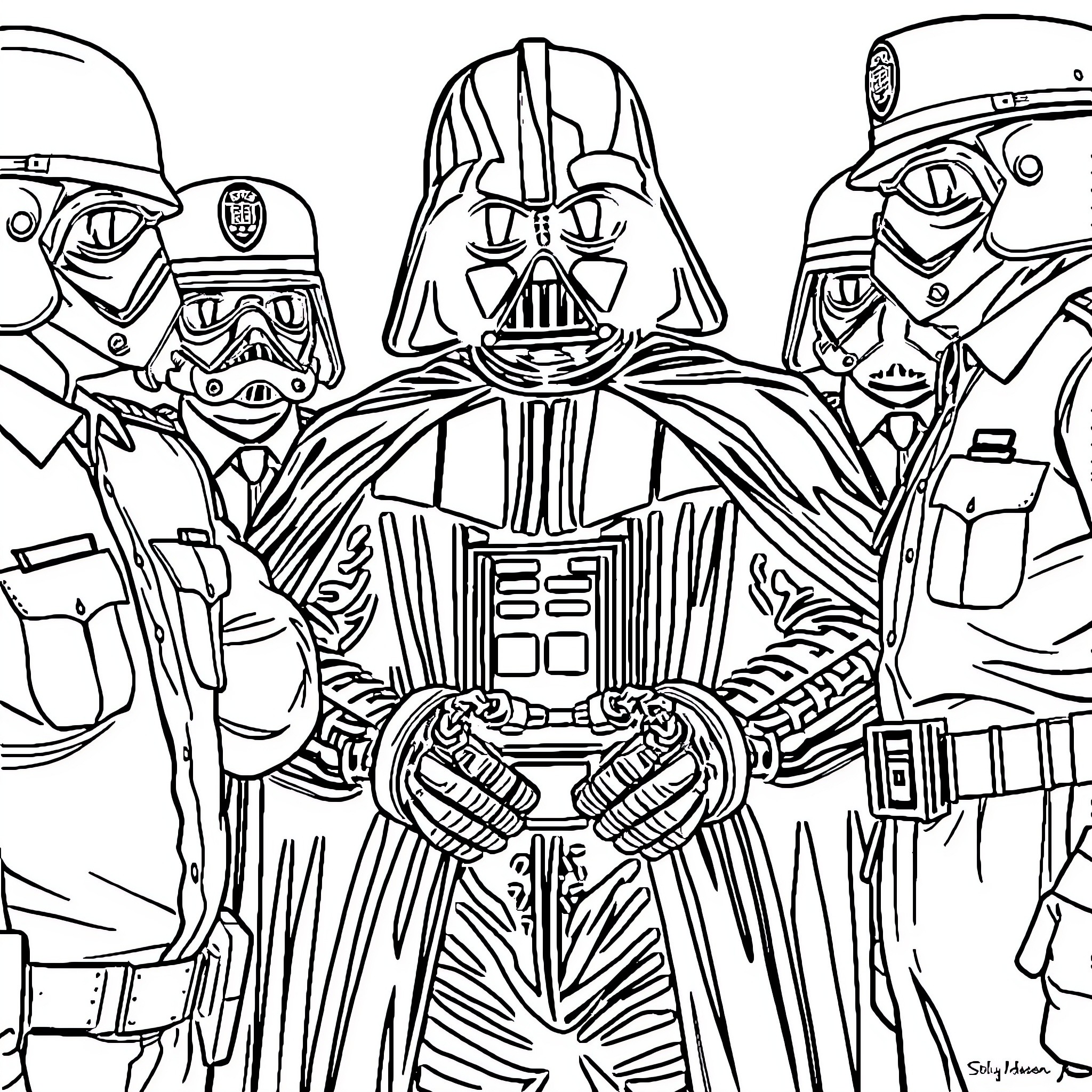 Darth Vader Surrounded by Imperial Soldiers Coloring Page (free black-and-white line drawing printable PDF for all, from beginners to advanced learners, including children, teens, adults, and seniors)