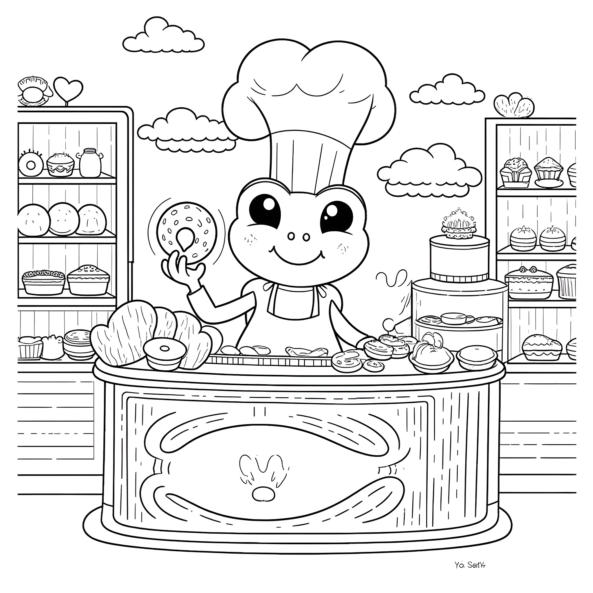 Frog chef happily cooking in the kitchen Coloring Page (free black-and-white line drawing printable PDF for all, from beginners to advanced learners, including children, teens, adults, and seniors)