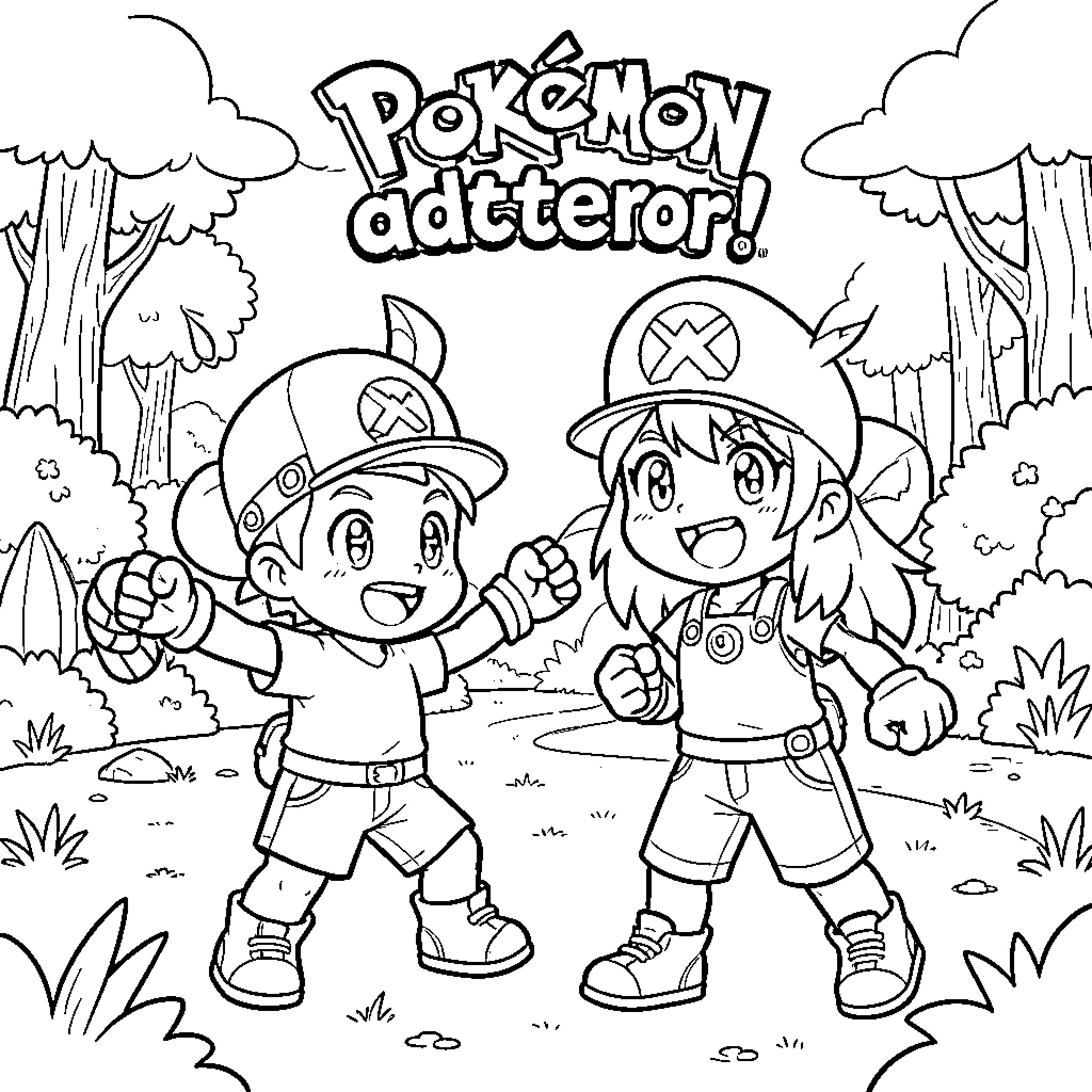 Chopper characters smiling and celebrating in a forest Coloring Page (free black-and-white line drawing printable PDF for all, from beginners to advanced learners, including children, teens, adults, and seniors)