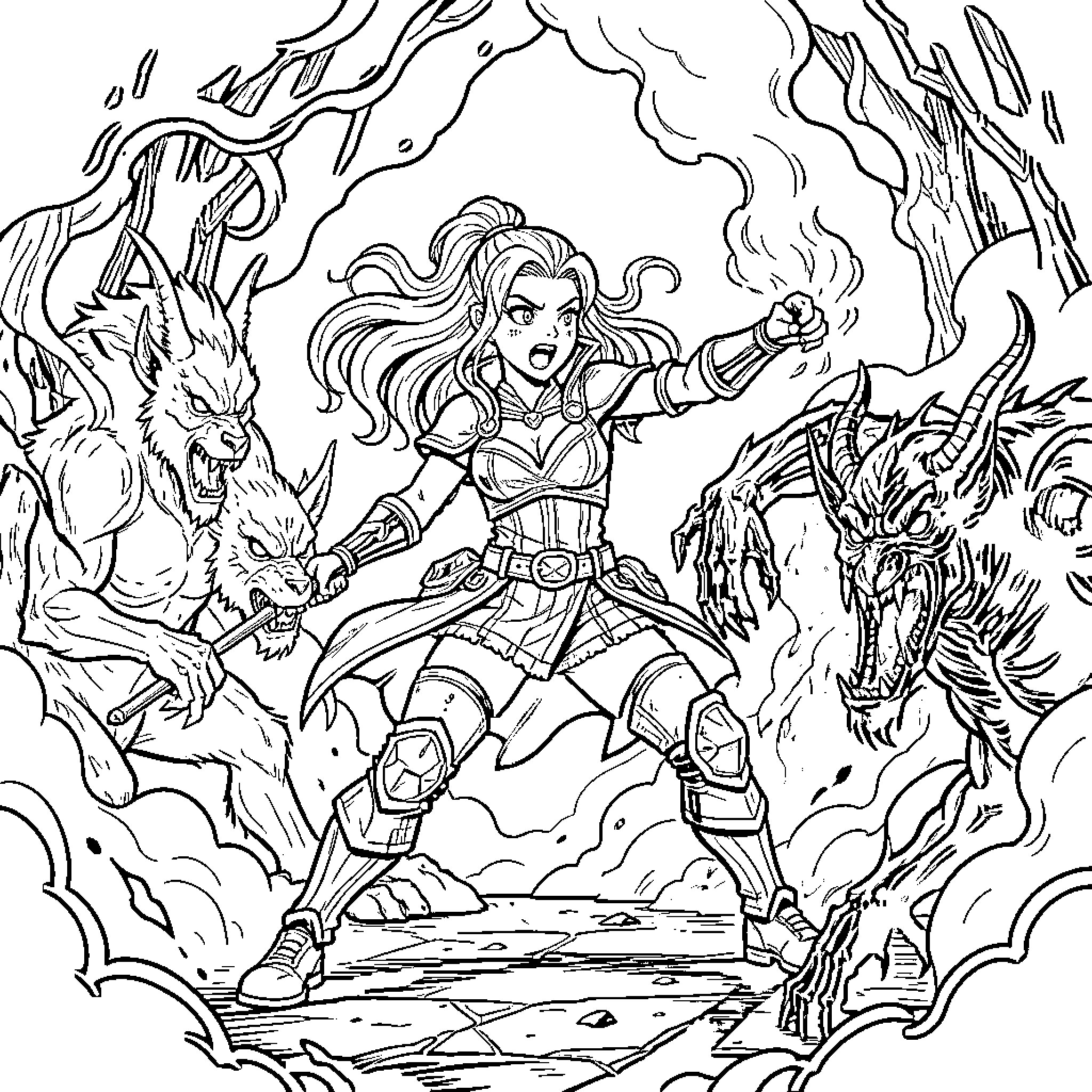 Mira fighting fierce monsters in a dynamic battle scene Coloring Page (free black-and-white line drawing printable PDF for all, from beginners to advanced learners, including children, teens, adults, and seniors)