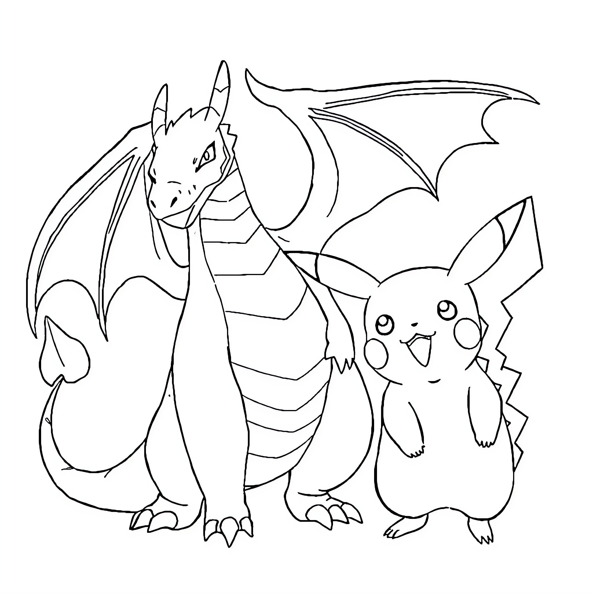Pikachu and Charizard in an adventure Coloring Page (free black-and-white line drawing printable PDF for all, from beginners to advanced learners, including children, teens, adults, and seniors)
