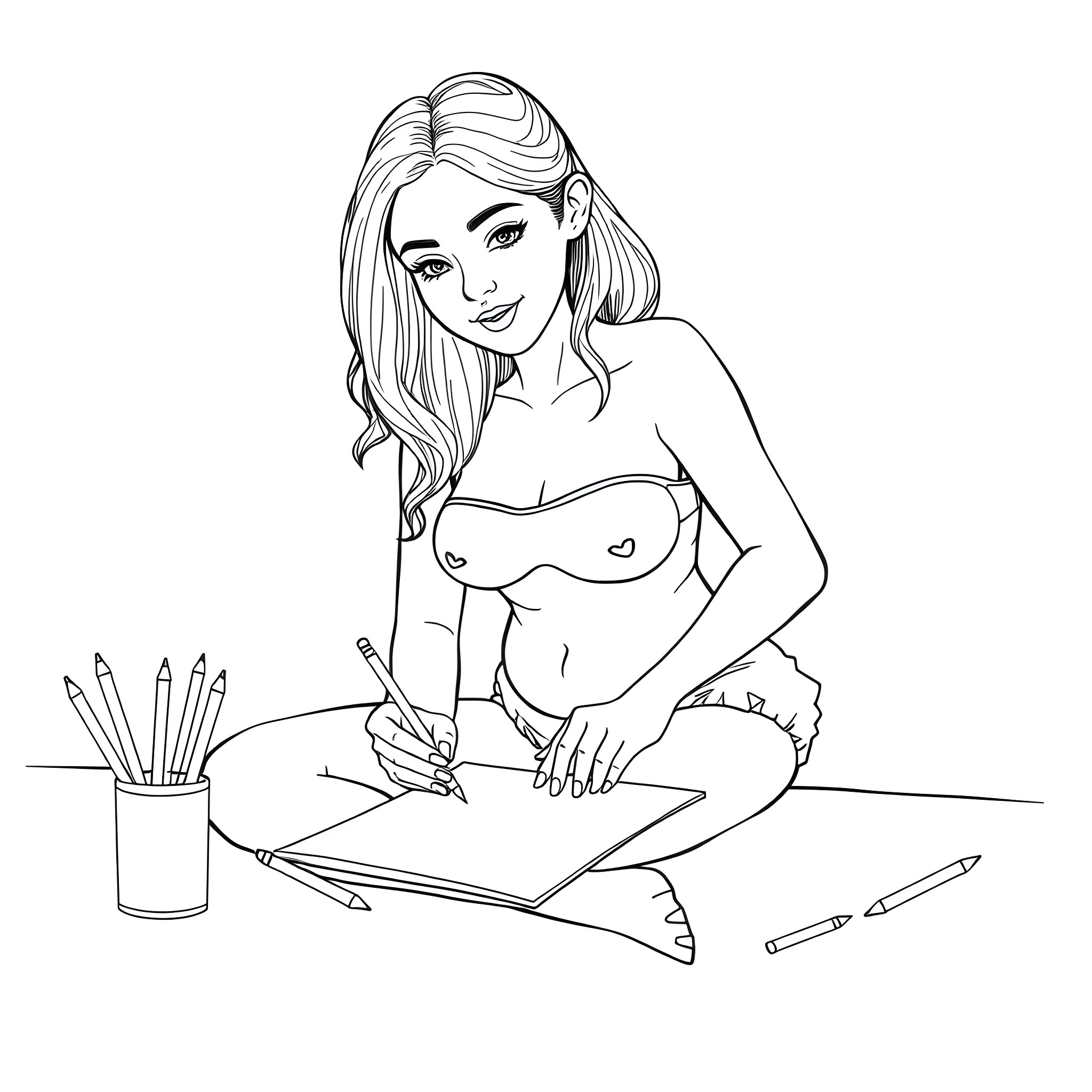 Woman sketching and drawing in her workspace Coloring Page (free black-and-white line drawing printable PDF for all, from beginners to advanced learners, including children, teens, adults, and seniors)