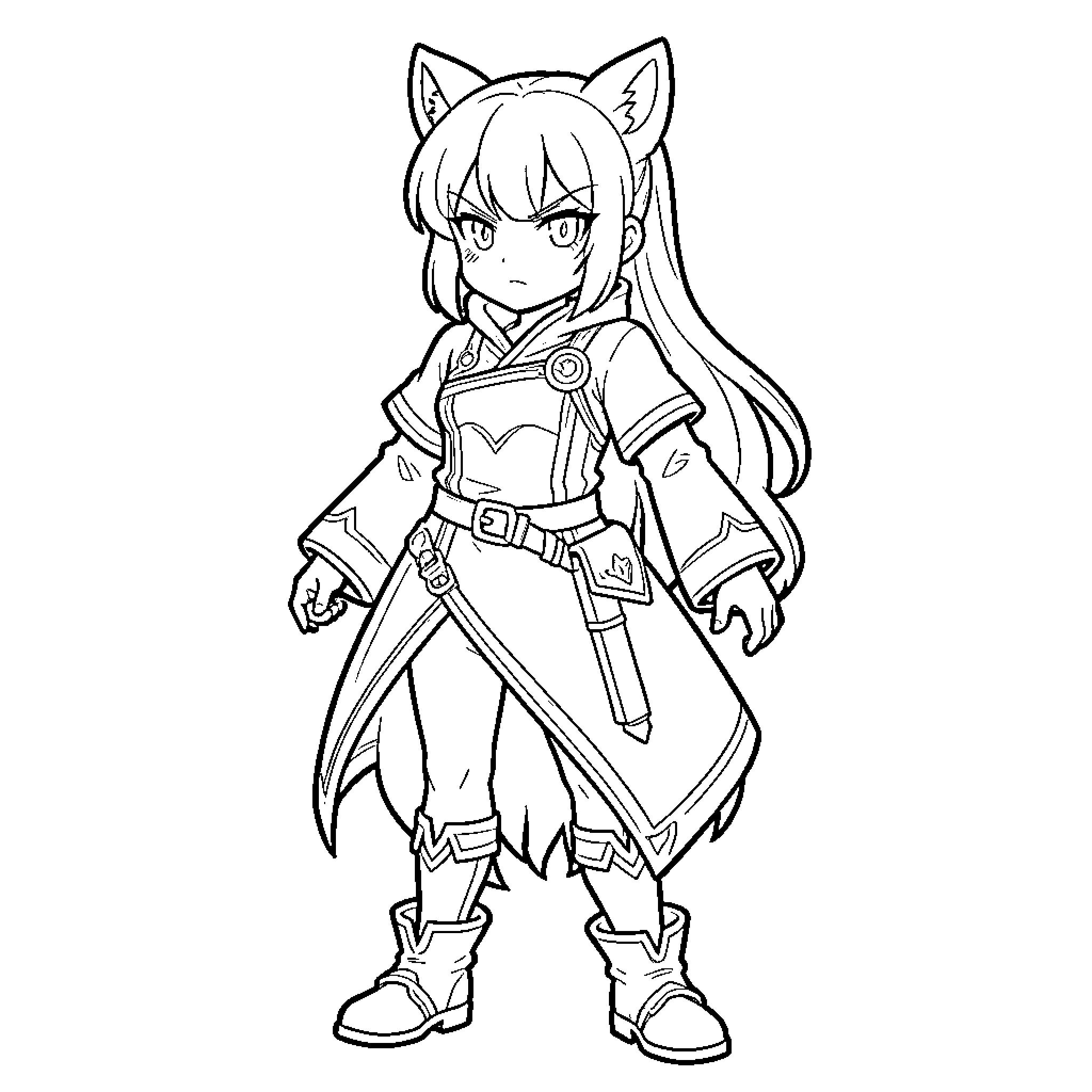 Furina standing with a serious expression and animal ears Coloring Page (free black-and-white line drawing printable PDF for all, from beginners to advanced learners, including children, teens, adults, and seniors)