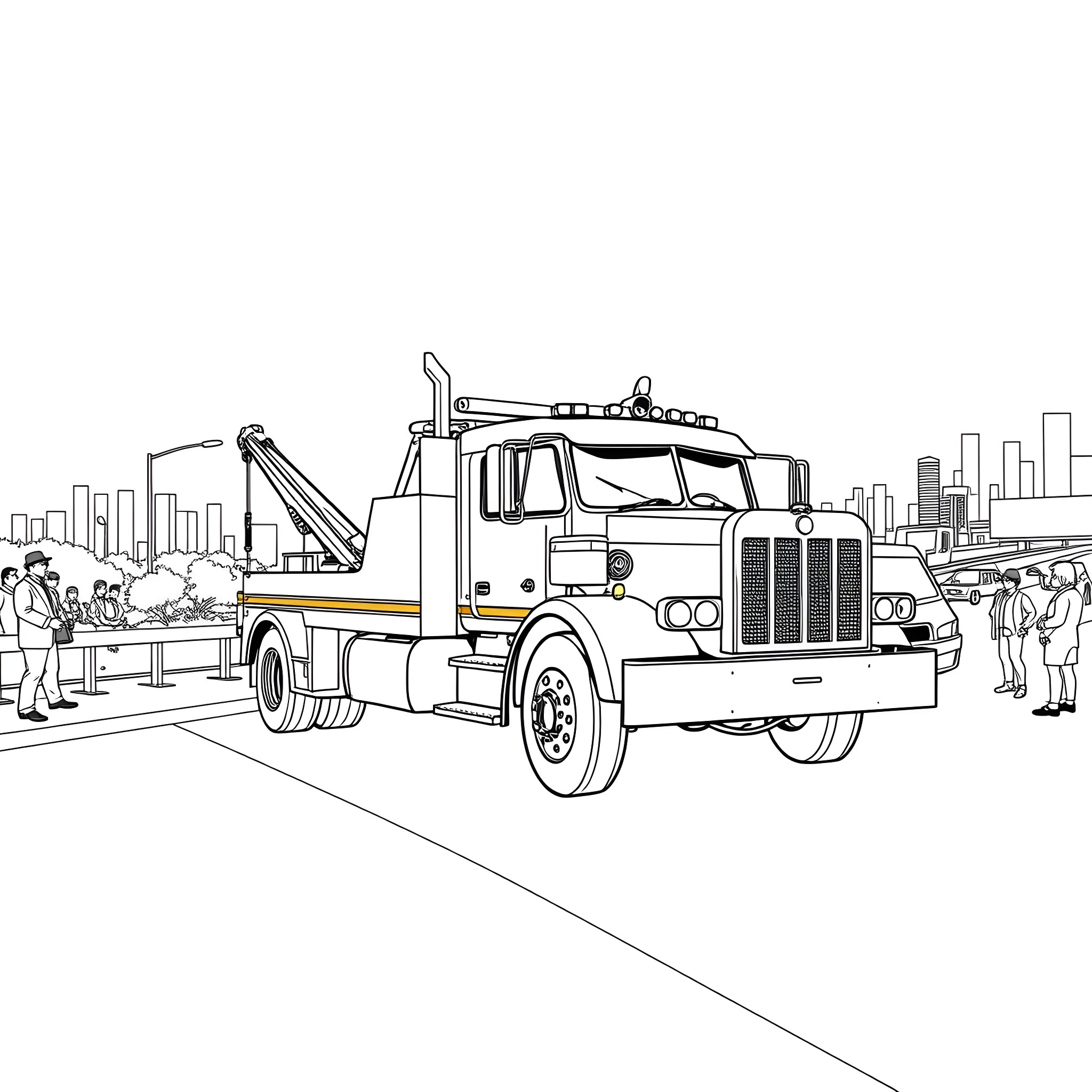 Tow Truck Assisting Stranded Motorists in the City Coloring Page (free black-and-white line drawing printable PDF for all, from beginners to advanced learners, including children, teens, adults, and seniors)