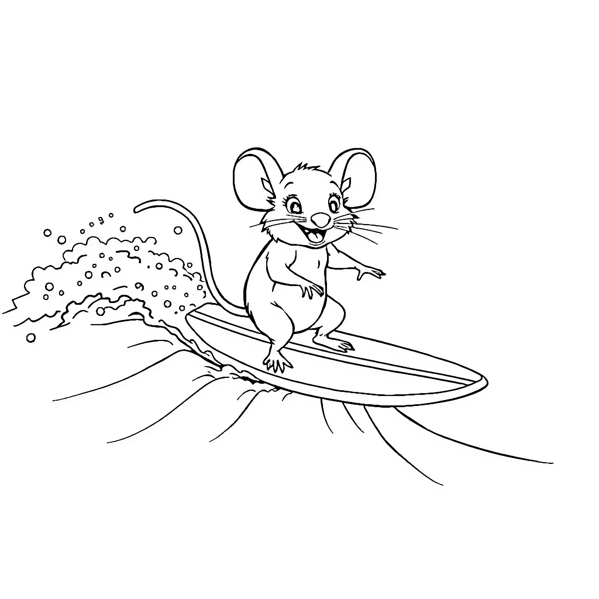 Mouse surfing the waves happily Coloring Page (free black-and-white line drawing printable PDF for all, from beginners to advanced learners, including children, teens, adults, and seniors)