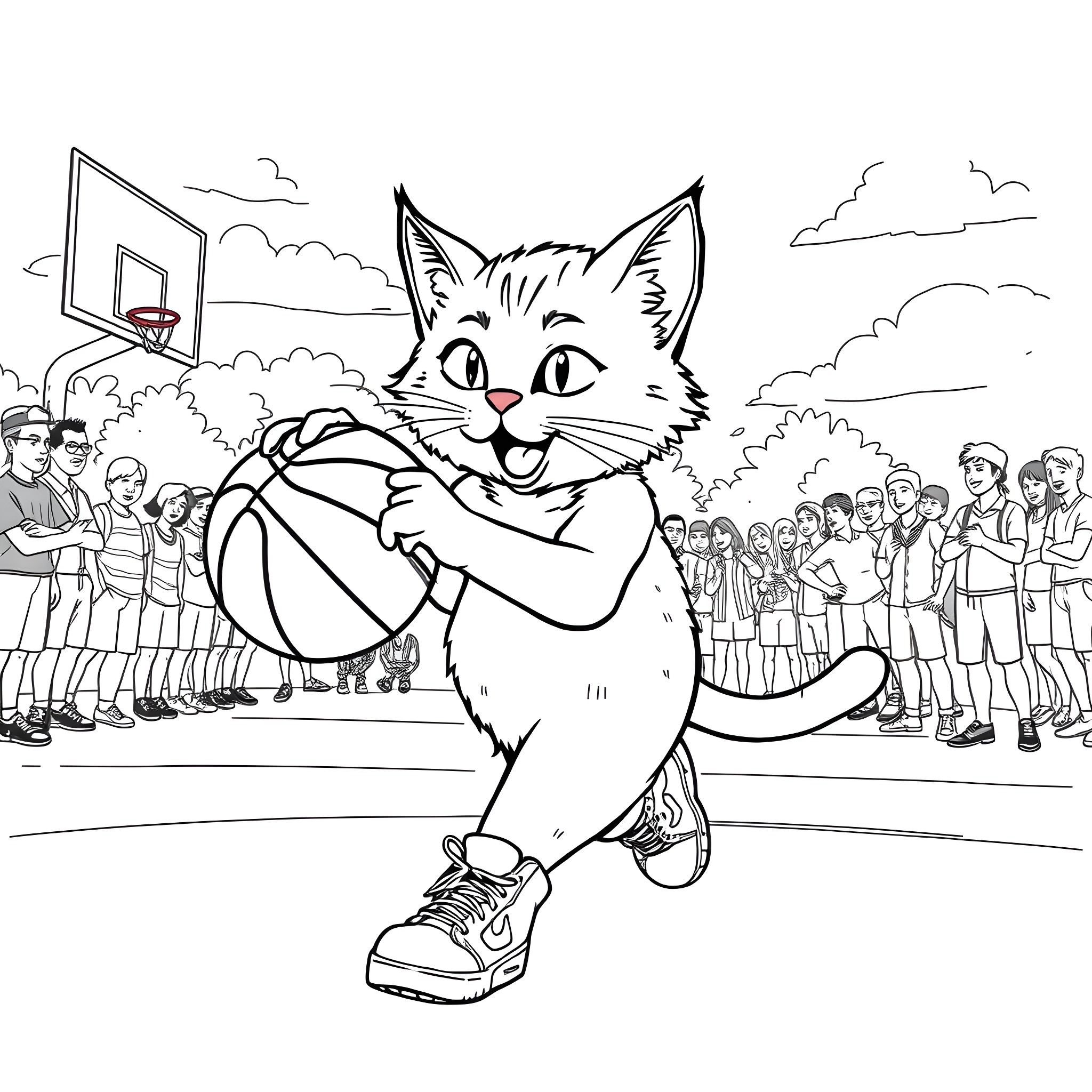 Cat playing basketball with crowd Coloring Page (free black-and-white line drawing printable PDF for all, from beginners to advanced learners, including children, teens, adults, and seniors)