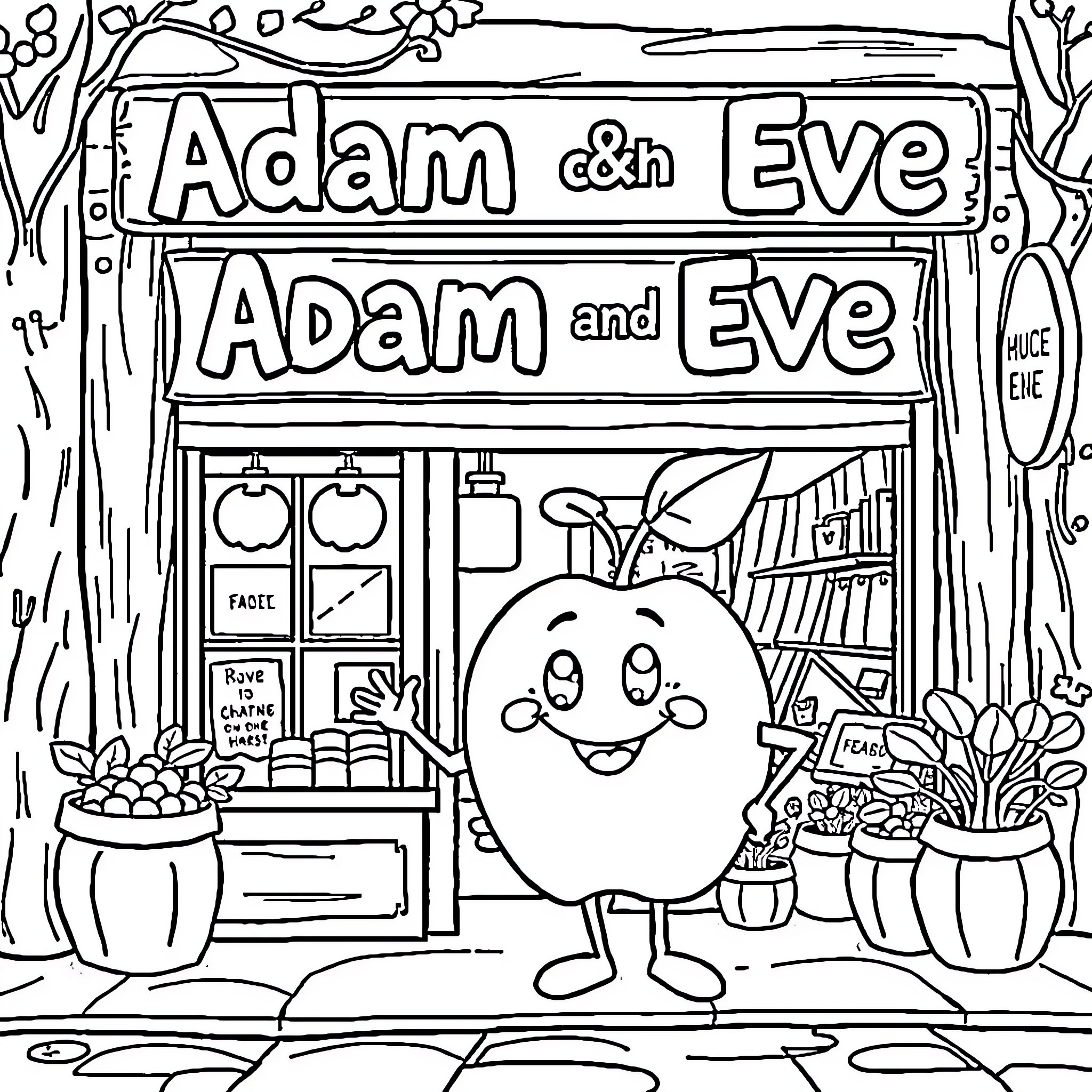 Apple character stands in front of store named Adam and Eve Coloring Page (free black-and-white line drawing printable PDF for all, from beginners to advanced learners, including children, teens, adults, and seniors)