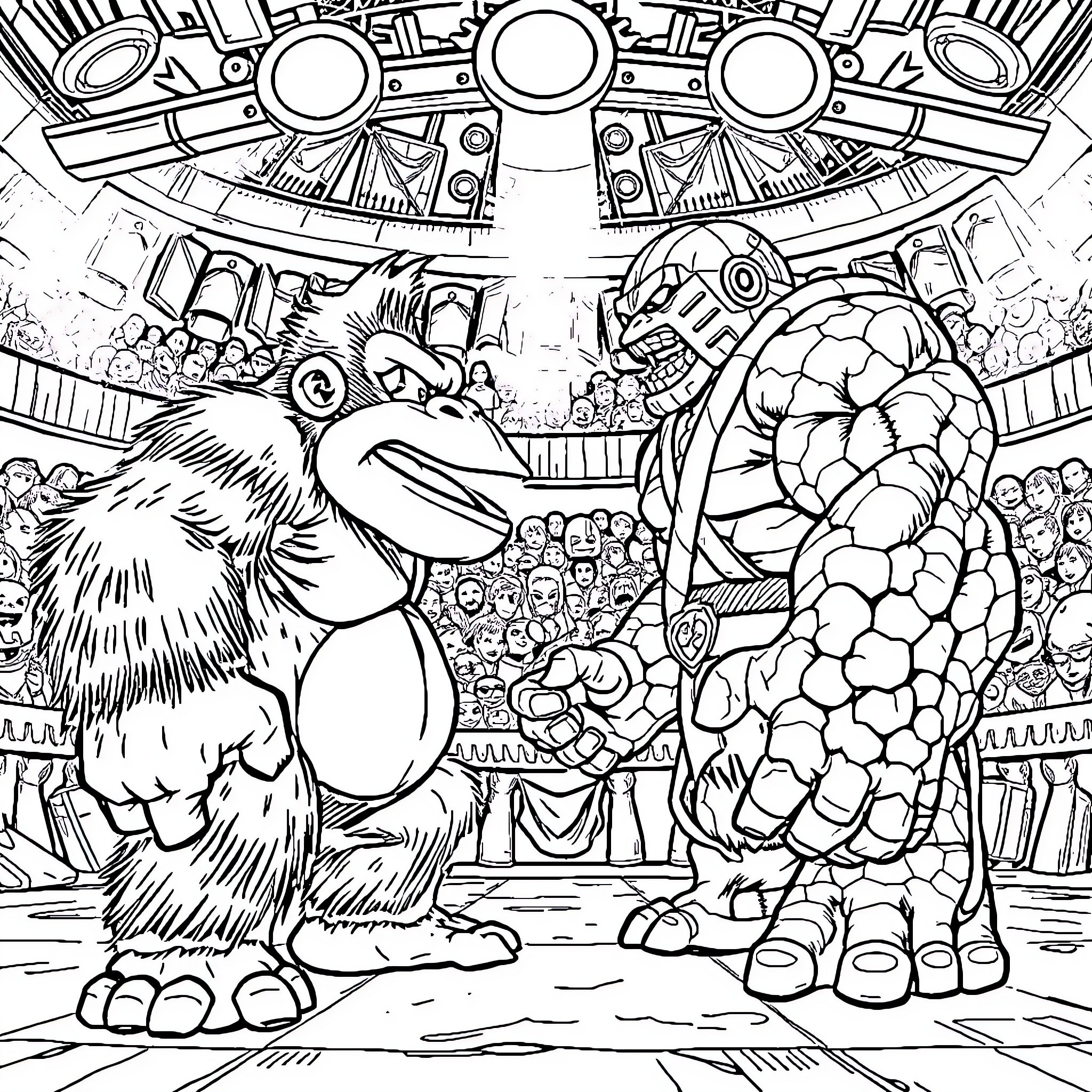 Donkey Kong and Opponents Battle in Arena Coloring Page (free black-and-white line drawing printable PDF for all, from beginners to advanced learners, including children, teens, adults, and seniors)