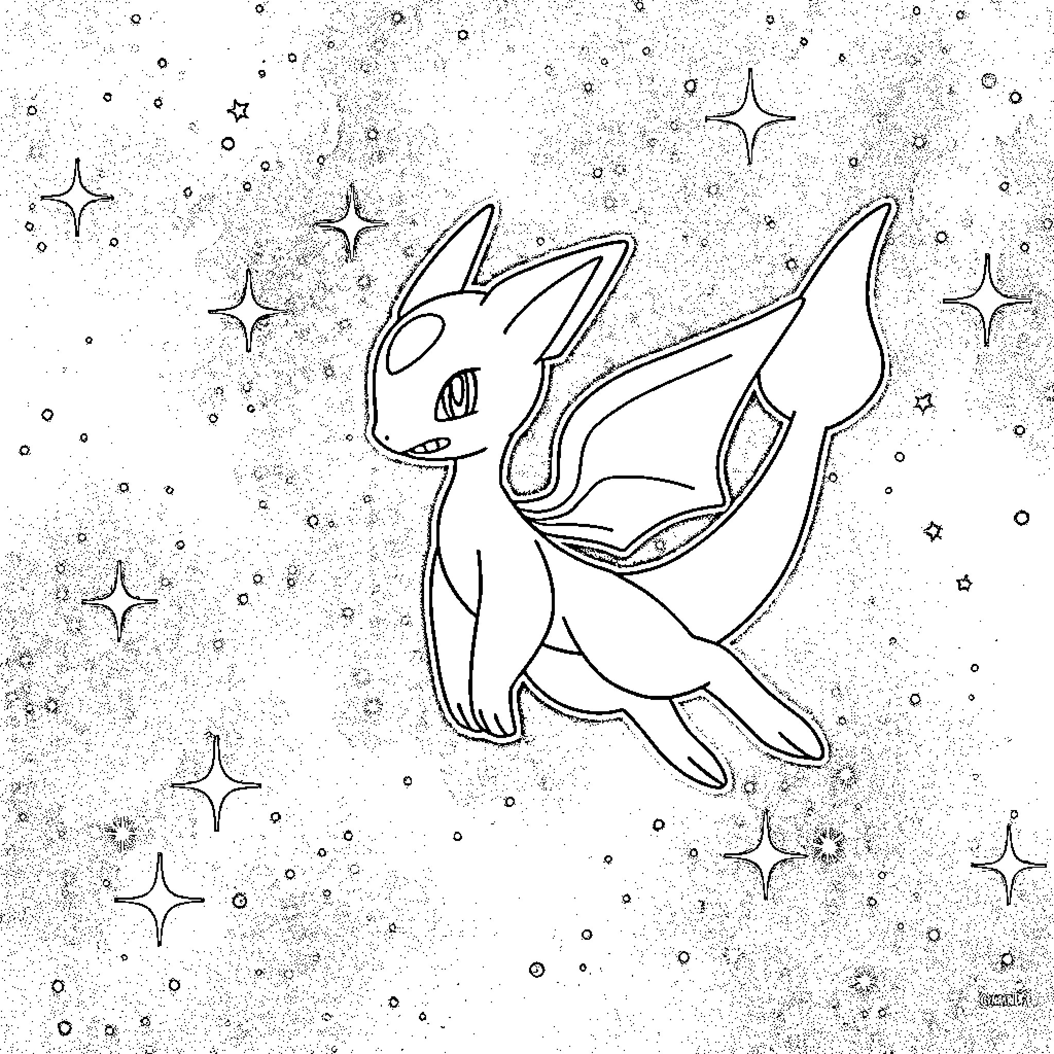 Mew Magical Creature in Starry Night Coloring Page (free black-and-white line drawing printable PDF for all, from beginners to advanced learners, including children, teens, adults, and seniors)