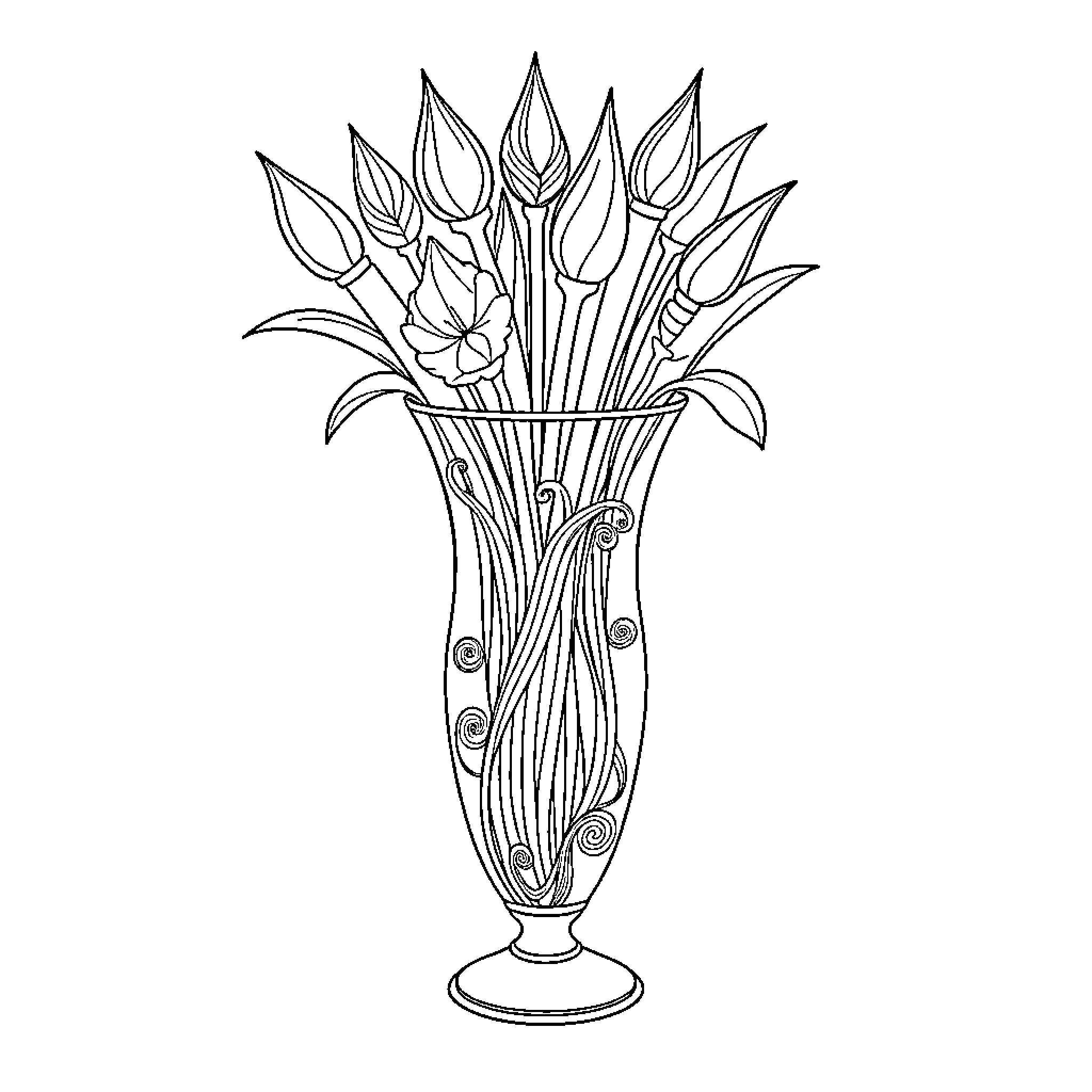 Lily Bouquet in Decorative Vase Coloring Page (free black-and-white line drawing printable PDF for all, from beginners to advanced learners, including children, teens, adults, and seniors)