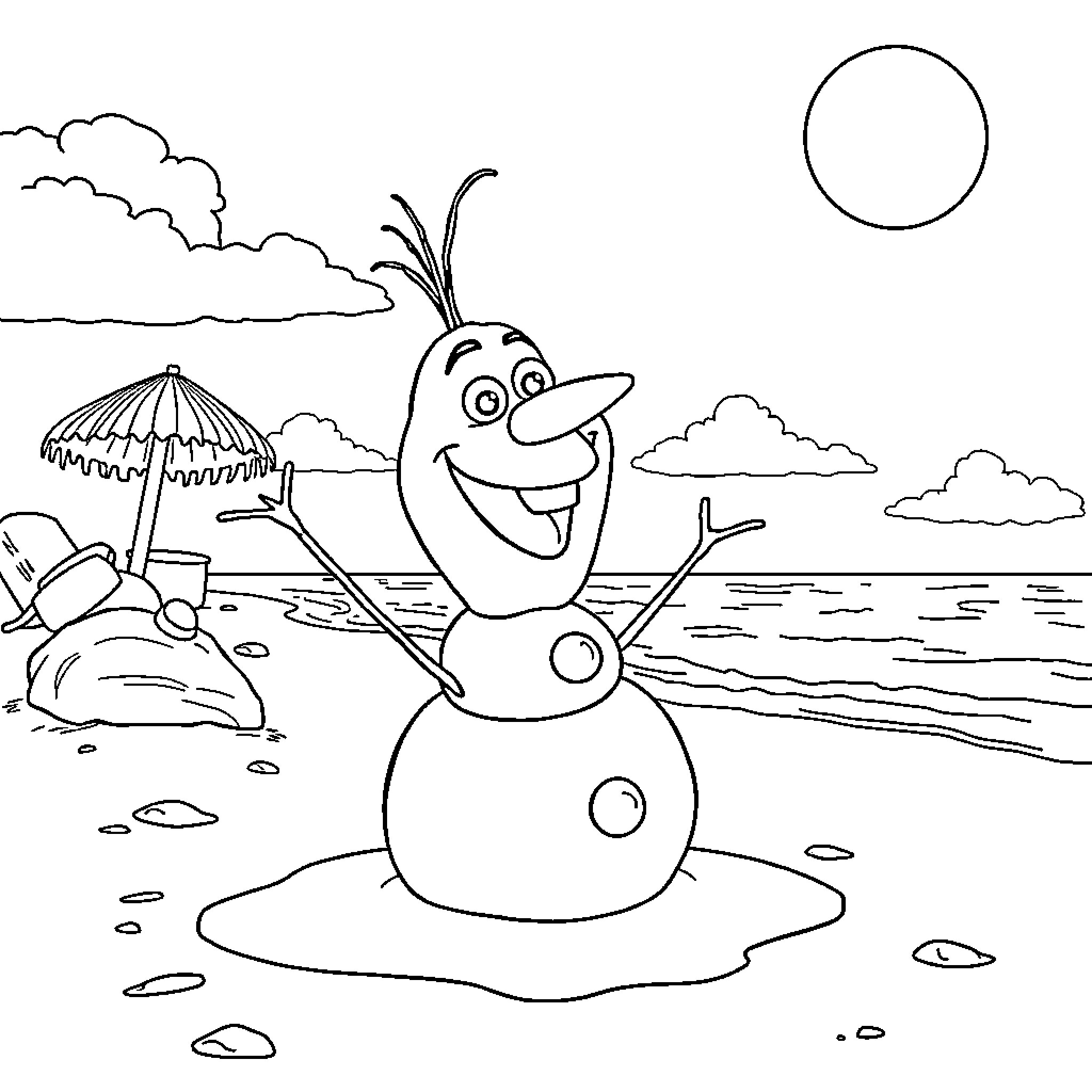 Olaf enjoying a sunny day at the beach Coloring Page (free black-and-white line drawing printable PDF for all, from beginners to advanced learners, including children, teens, adults, and seniors)