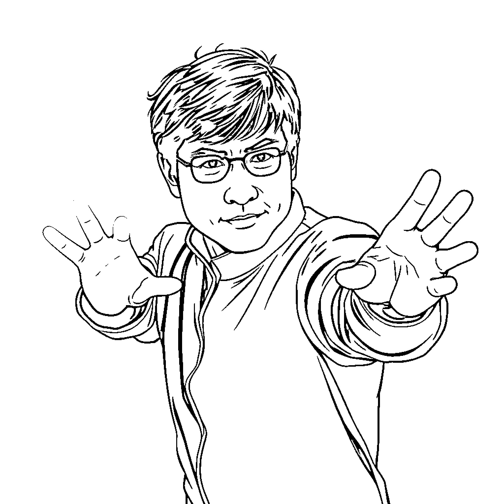 Jackie Chan making action poses with glasses Coloring Page (free black-and-white line drawing printable PDF for all, from beginners to advanced learners, including children, teens, adults, and seniors)