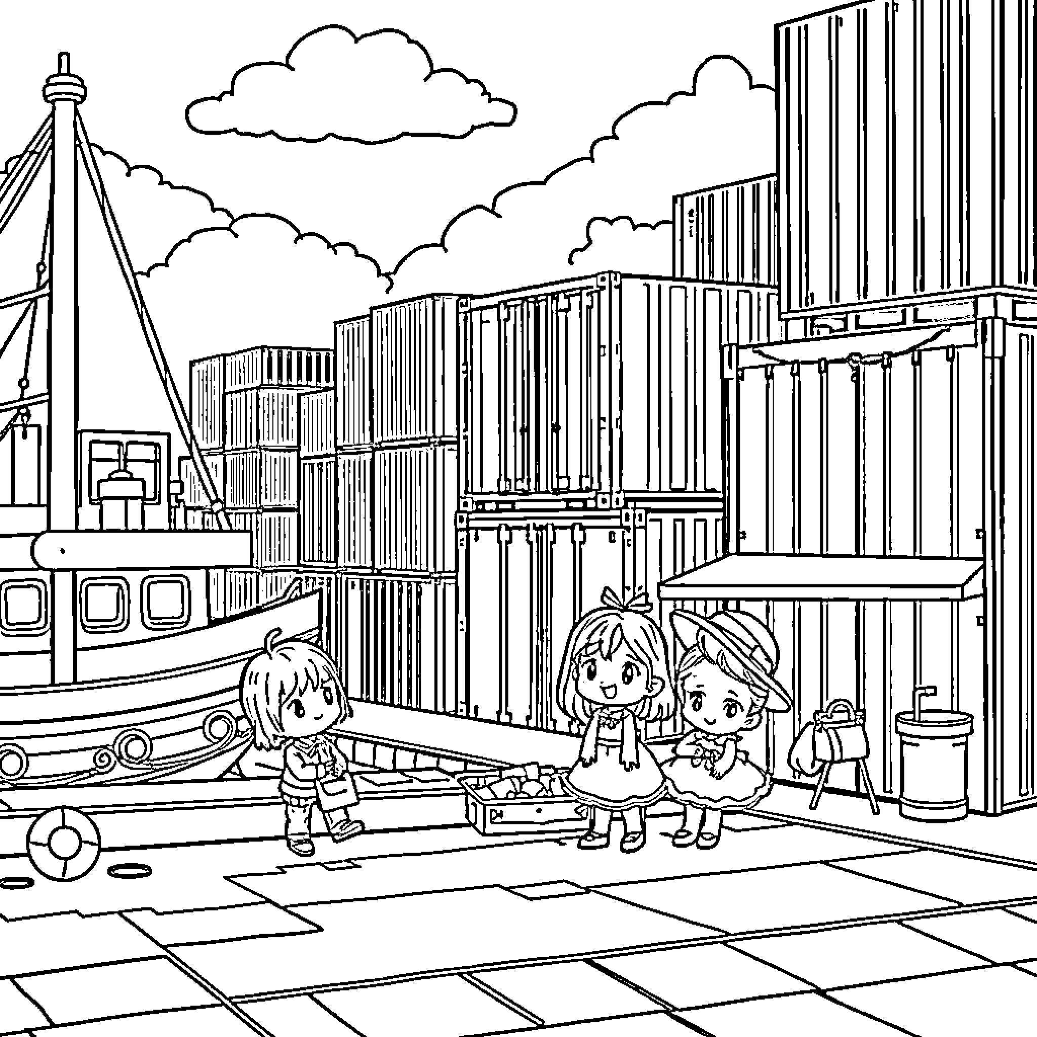 Gabby Dollhouse: Children Playing in Harbor Town Coloring Page (free black-and-white line drawing printable PDF for all, from beginners to advanced learners, including children, teens, adults, and seniors)