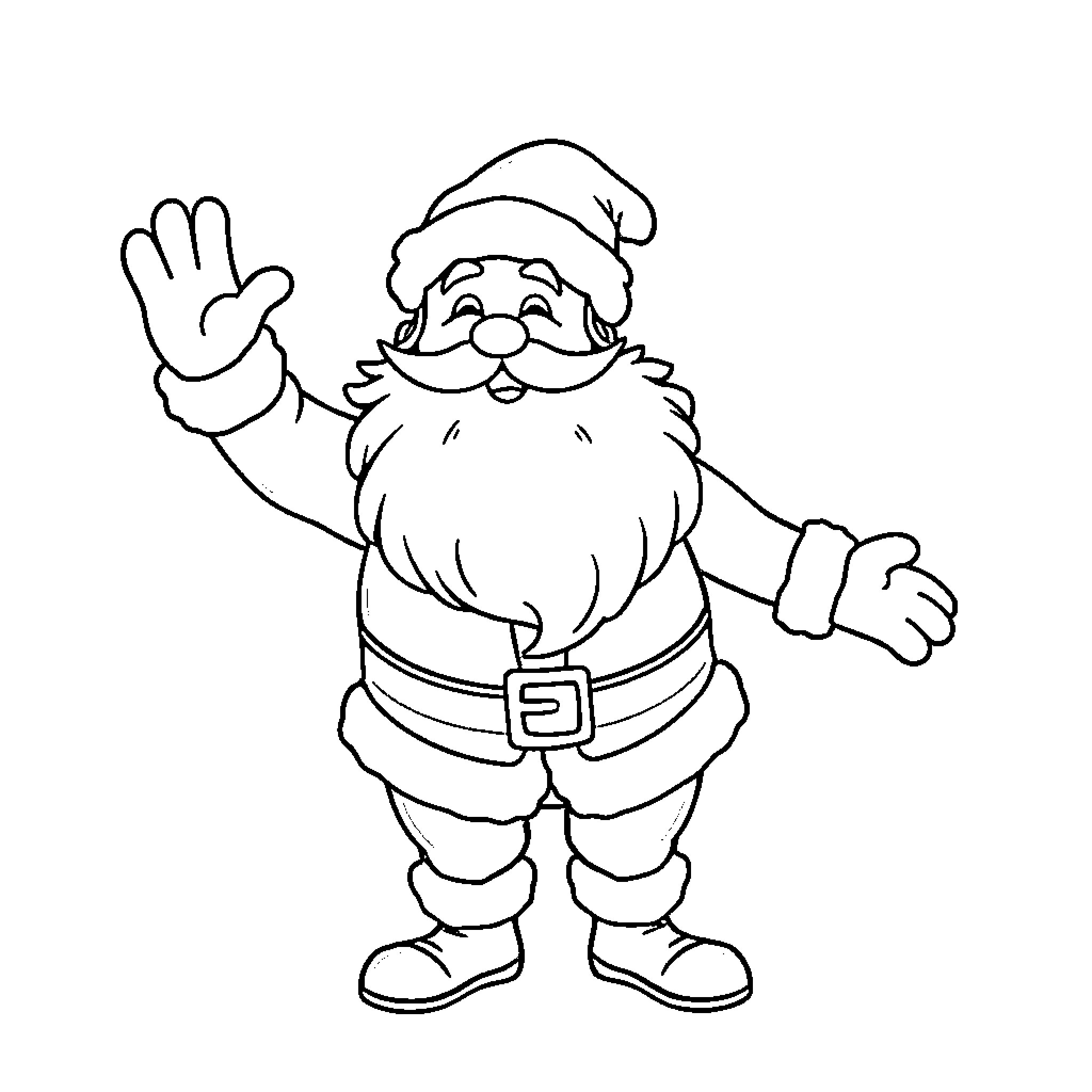 Santa waving and smiling happily Coloring Page (free black-and-white line drawing printable PDF for all, from beginners to advanced learners, including children, teens, adults, and seniors)