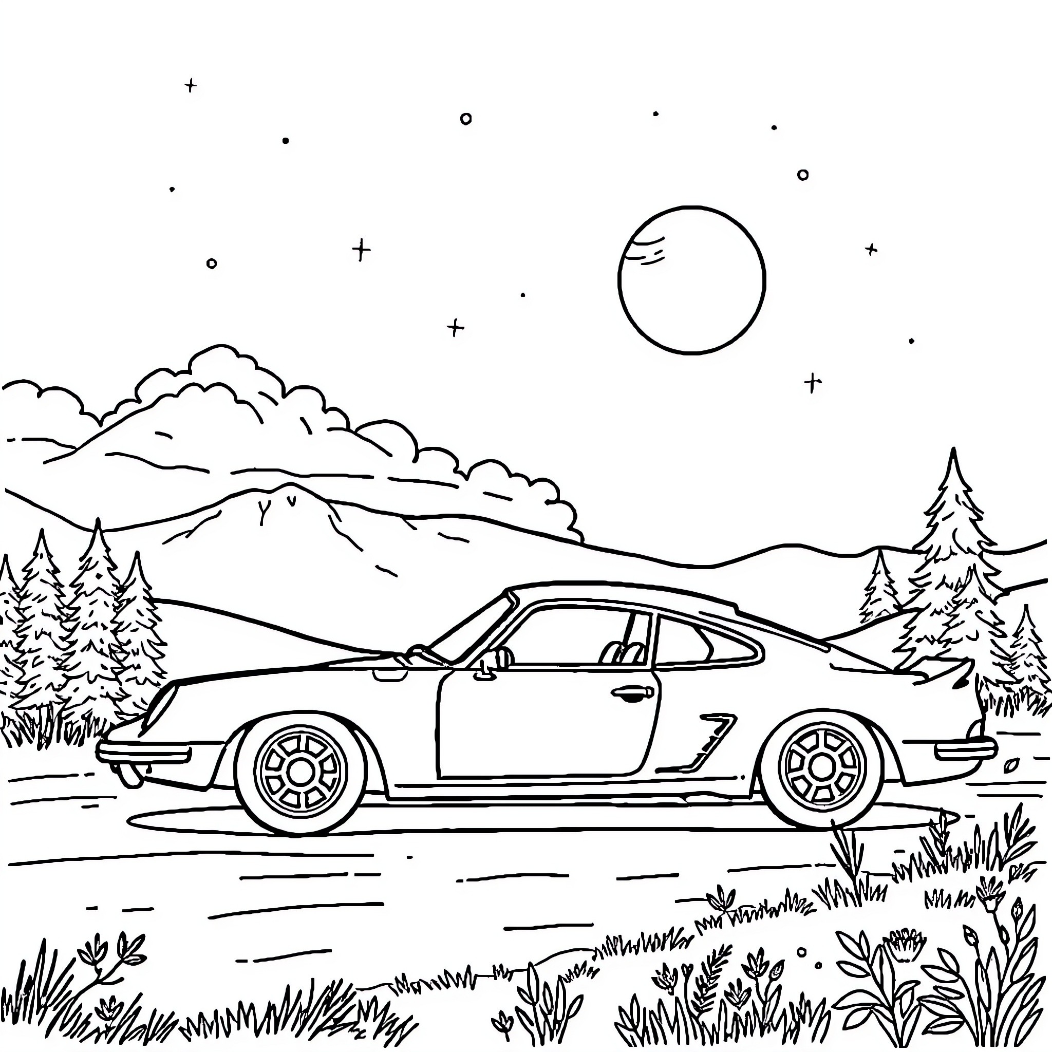 Kanamuna driving through the countryside Coloring Page (free black-and-white line drawing printable PDF for all, from beginners to advanced learners, including children, teens, adults, and seniors)