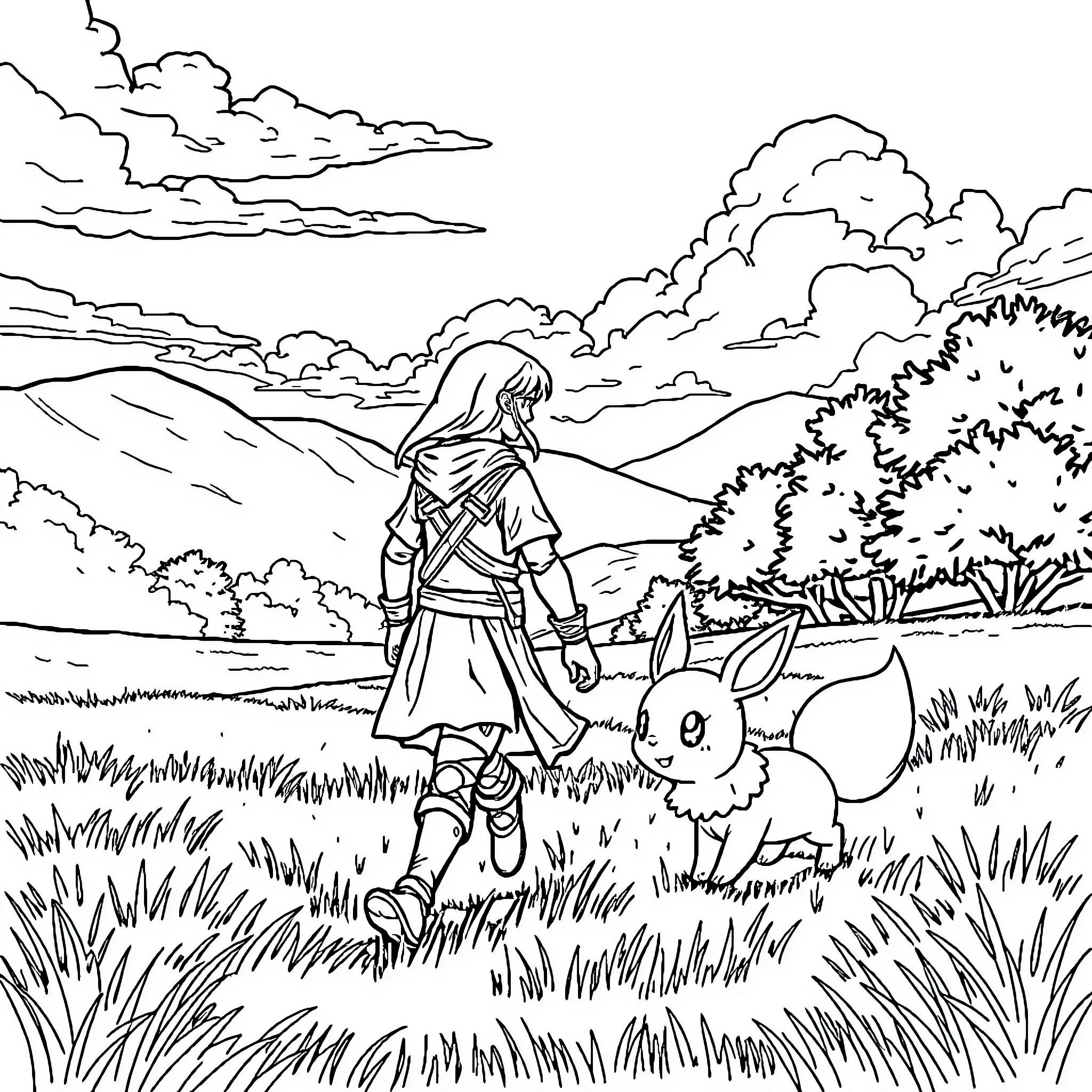 Ninja exploring the serene wilderness with a companion Coloring Page (free black-and-white line drawing printable PDF for all, from beginners to advanced learners, including children, teens, adults, and seniors)