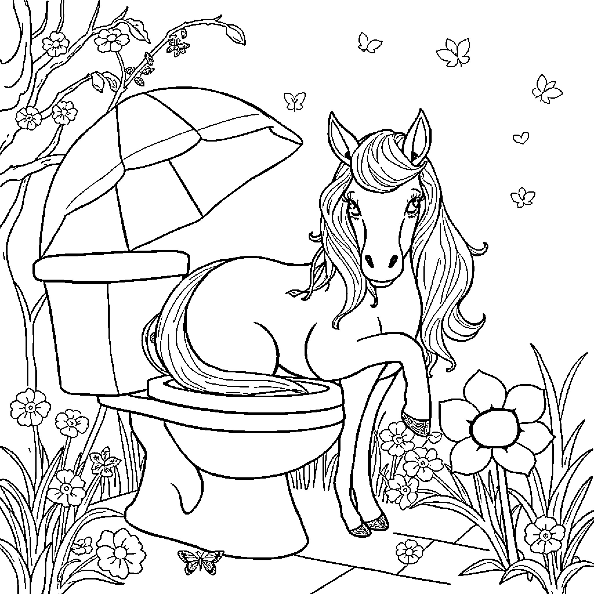 Unicorn resting in the enchanted garden Coloring Page (free black-and-white line drawing printable PDF for all, from beginners to advanced learners, including children, teens, adults, and seniors)